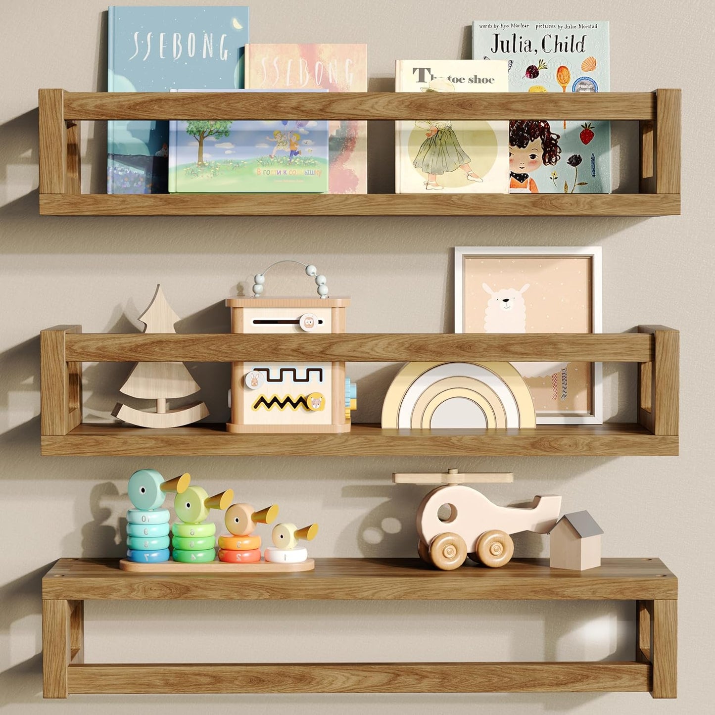 Upgraded Thick Floating Shelves, Solid Wood Bookshelf for Wall, Floating Book Shelves Use as Wall Shelves for Bedroom, Kids Room, Nursery, Books, Spice Rack & Decor – Dark Walnut Brown