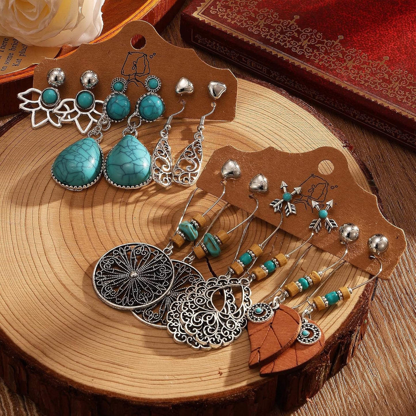 IFKM Bohemian Jewelry Set With Turquoise Necklace, Dangle Earrings, Stackable Bangle Bracelets, Knuckle Rings For Women Vintage Western Boho Turquoise Anniversary Birthday Friendship Gift