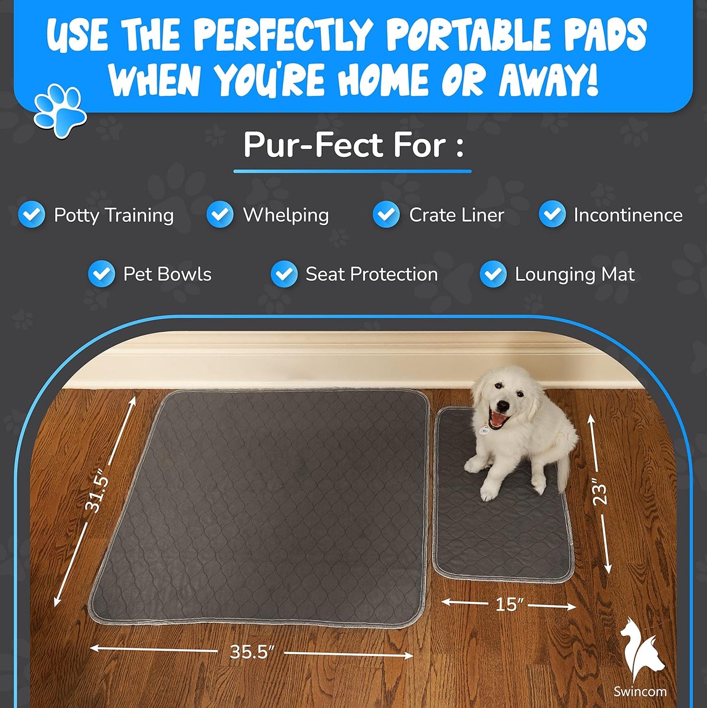 Washable Pee Pads for Dogs - Multifunctional Non Slip Whelping Pads Washable and Waterproof - Our Super Absorbent, Reusable Puppy Pads Include a Convenient Travel Pad - 35.5 x 31.5 Inches