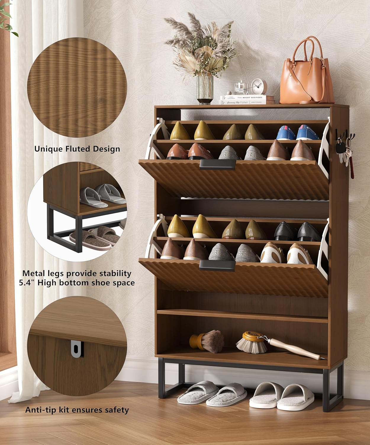 Fluted Shoe Storage Cabinet, Narrow Hidden Shoe Rack Cabinet with Metal Legs, Narrow Shoe Organizer, 2 Flip Drawers, for Entryway, Hallway, Living Room, Walnut