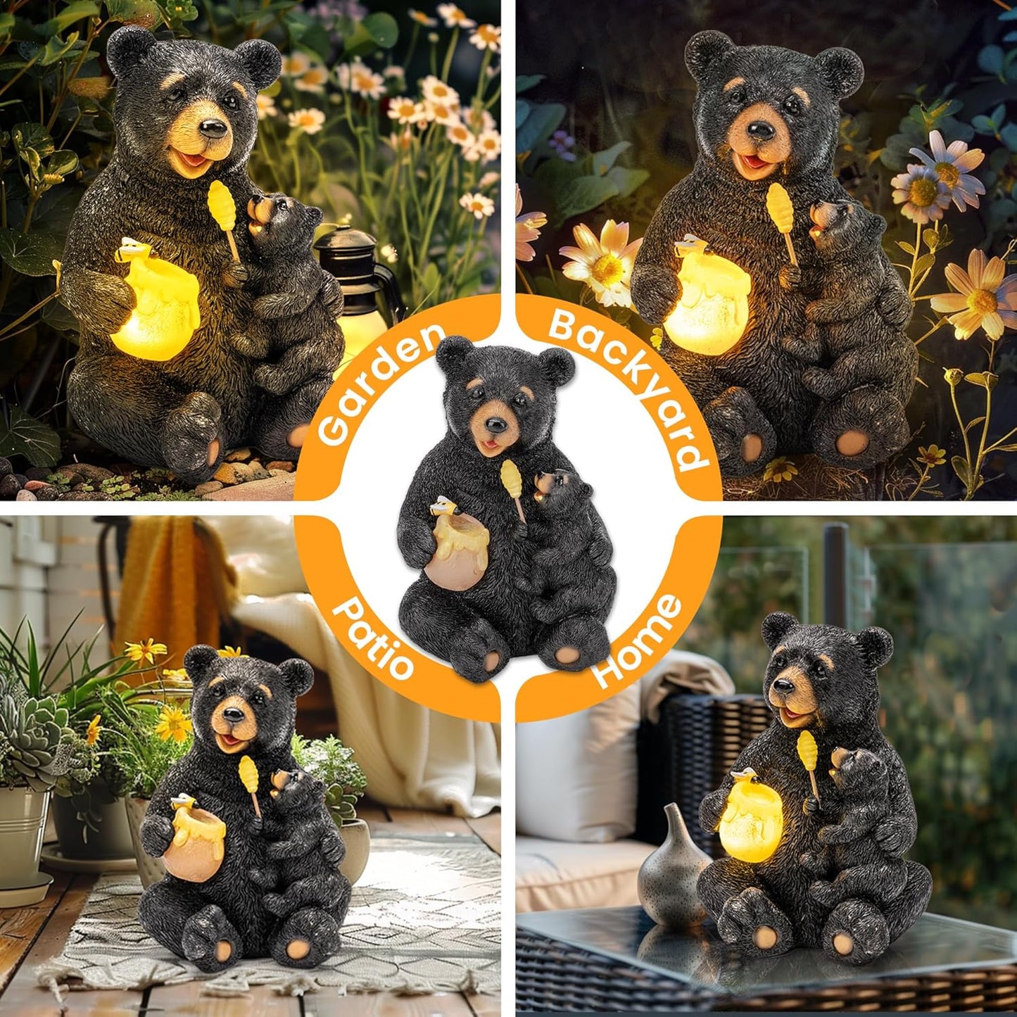 GIGALUMI Solar Garden Statues Bears 9", Loving Black Bear Decor, Yard Decorations Outdoor, Bear Figurine Lights for Outside, Garden Decor Unique Birthday Housewarming Gifts for Women, Mom