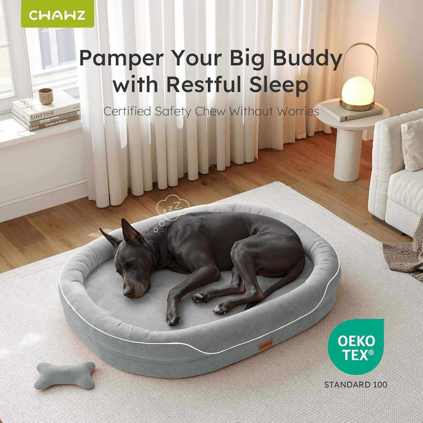 XXL Orthopedic Dog Bed, 53 in. Dog Bed for Large Sized Dogs with Full-Surround Bolsters, Dual-Sided Dog Cooling Beds with Memory Foam, Washable Pet Sofa Couch with Nonslip Bottom, Light Grey