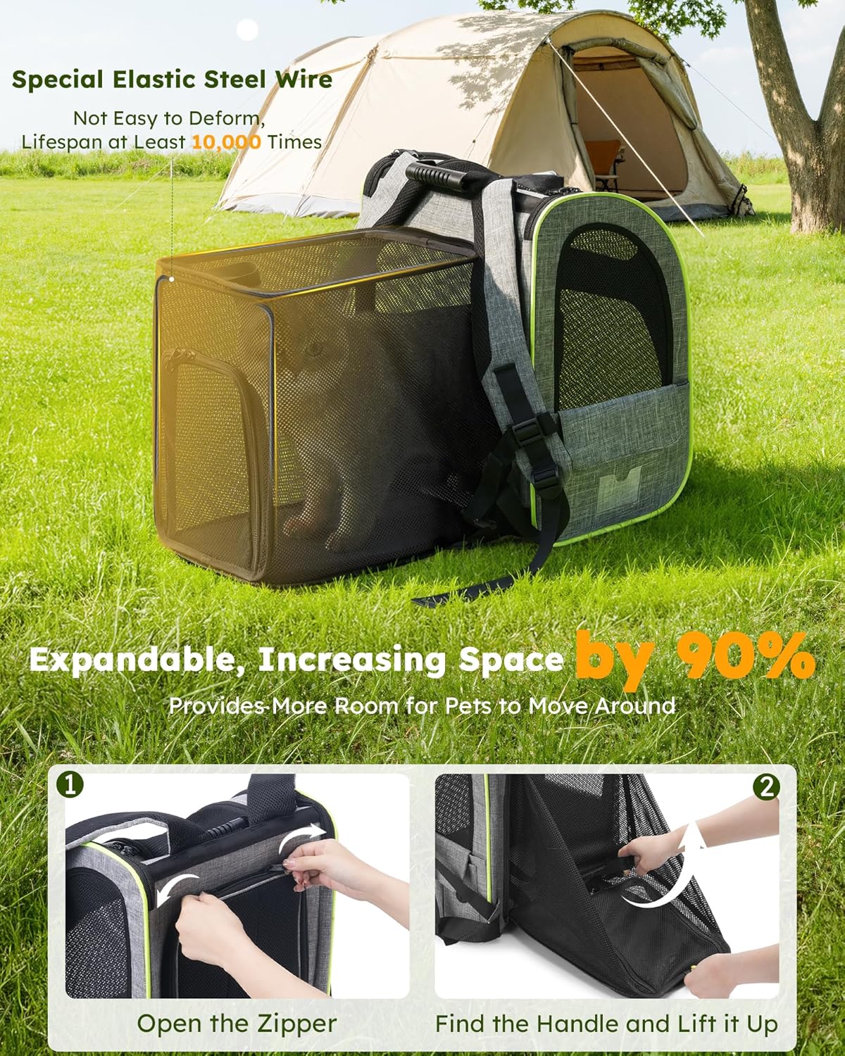 Pecute Cat Backpack Carrier Expandable , Foldable Pet Backpack for Cats & Small Dogs Up to 11lbs, with 4-Side Breathable Mesh, Multi-Entry & Lockable Zippers for Travel, Hiking, Camping - Hands Free,