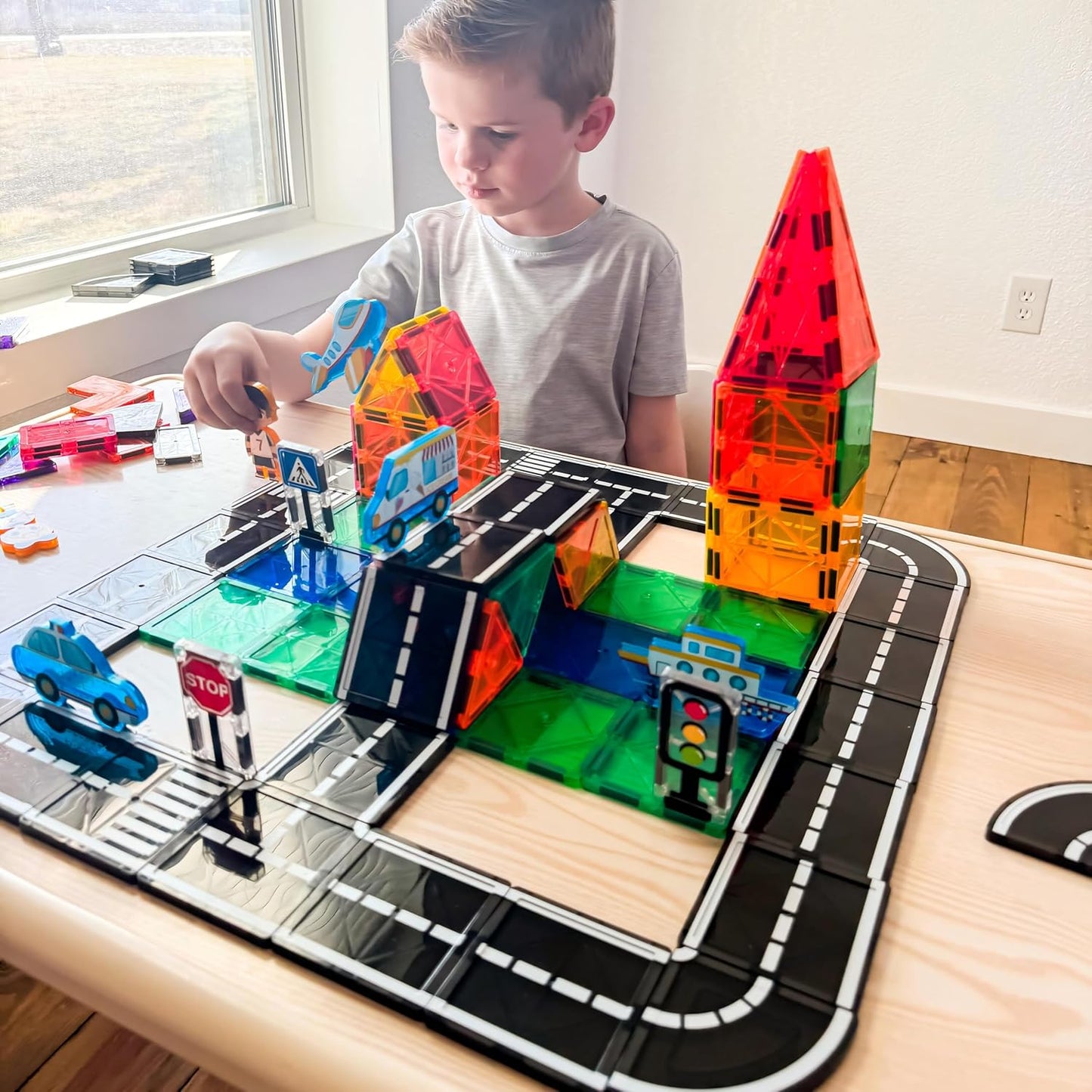 104 PCS Magnetic Tiles Road Set, STEM Construction Toys for Kids Ages 3-5 5-7 4-8, Magnet Building Blocks for Toddler Toys Games, Christmas Birthday Gifts for 3+ Year Old Boys Girls