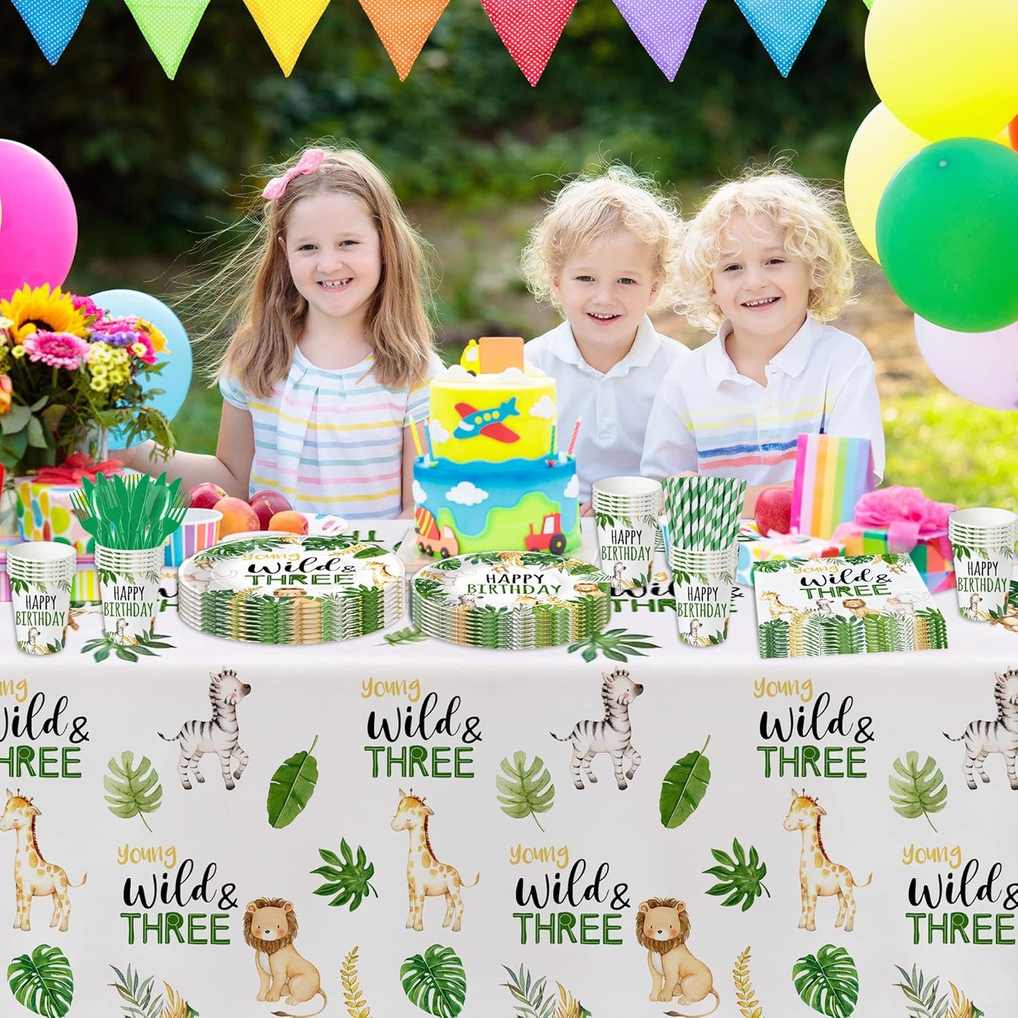 Jungle Animal 3rd Birthday Party Supplies - Young Wild And Three Decorations Tableware, Paper Plate, Napkin, Tablecloth, Fork, Safari 3-Year-Old Birthday Decorations Dinnerware | Serves 24