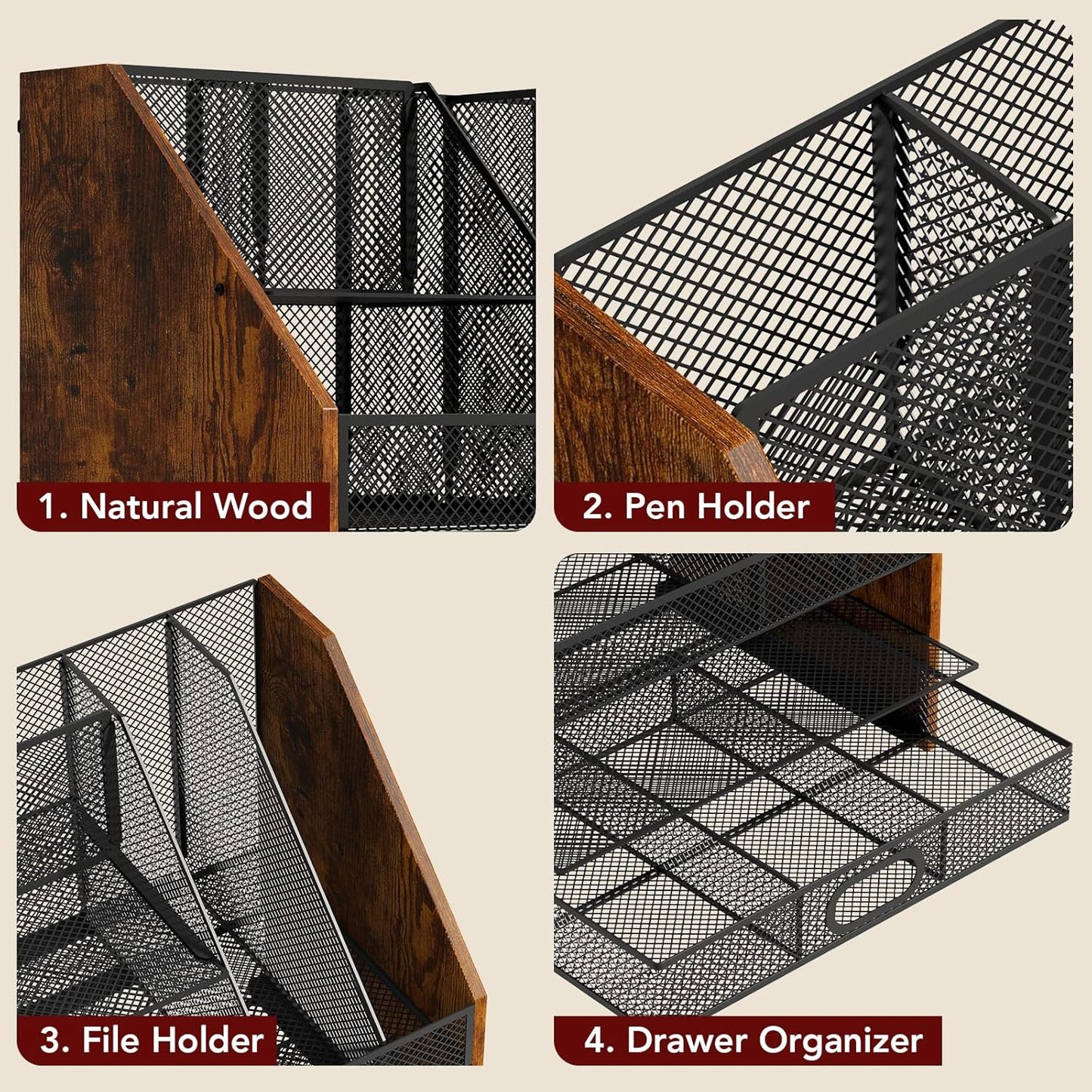 Wooden Desk Organizer - Mesh File Organizer with Drawers and Pen Holder - 4-Tier Vertical Paper Letter Storage Tray, Desktop Organizers and Accessories for Home Office