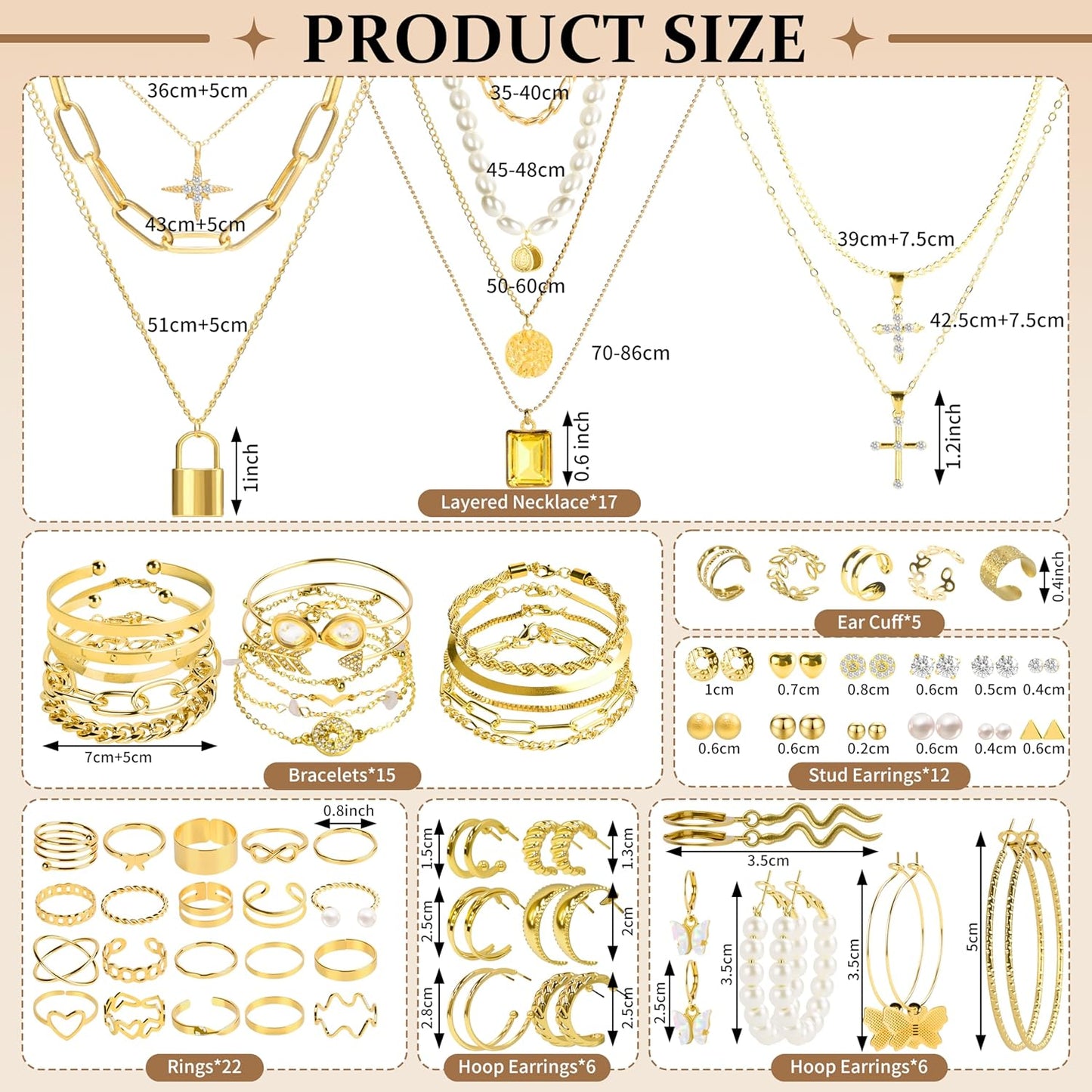 86 Pcs Gold Jewelry Set for Women, Alloy Plated Fashion Set with 17 Necklace, 15 Bracelets, 16 Stud Earrings, 11 Hoop Earrings, 22 Rings, 5 Ear Cuff for Friendship Party Birthday Gifts