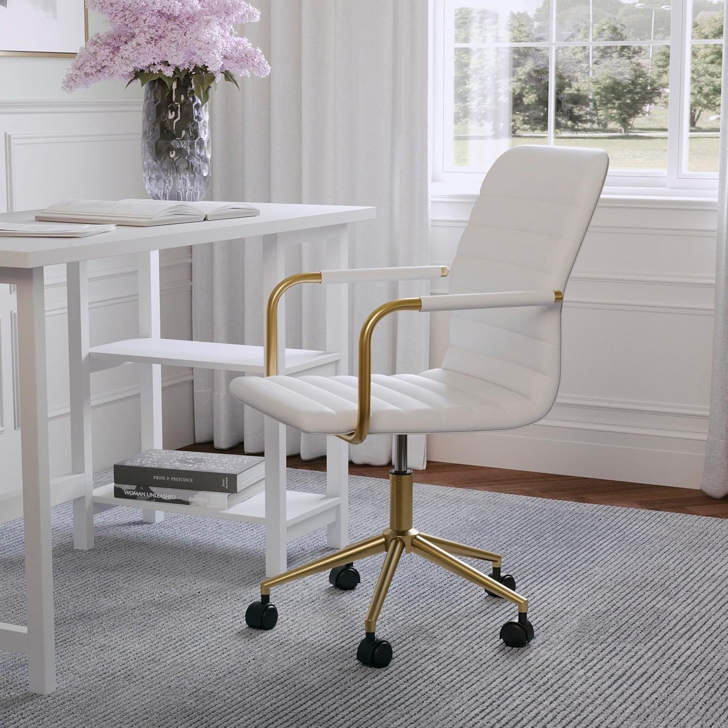 Martha Stewart Taytum Swivel Task Chair with Armrests for Home Office in White Faux Leather with Polished Brass Frame
