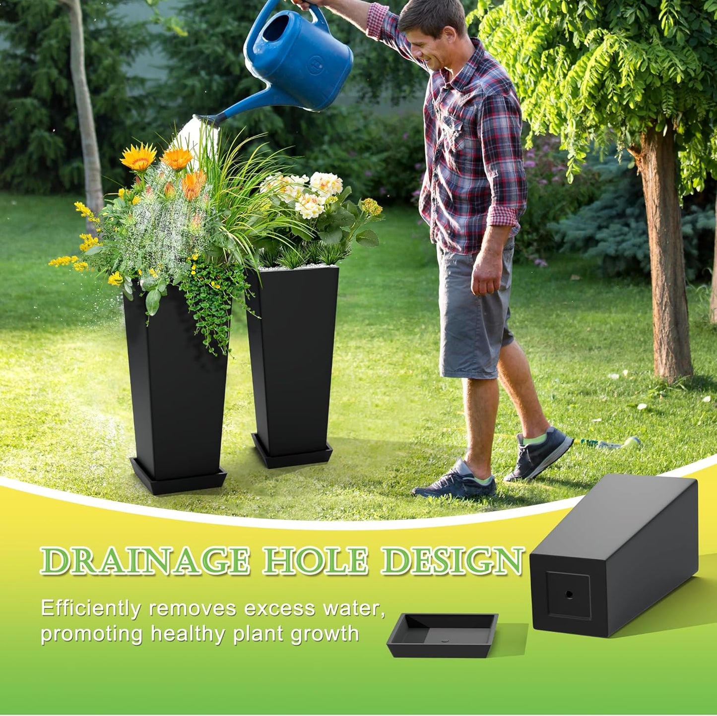 Set of 2 Large Tall Planter for Indoor or Outdoor 24" Flower Pots Tapered Tall Planters with Tray for Porch, Patio, Backyard, Large Planters for Outdoor Indoor Plants(Black)