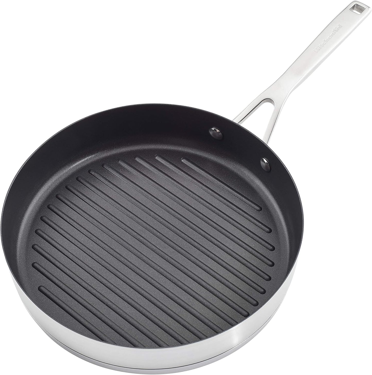KitchenAid 3-Ply Base Brushed Stainless Steel Induction Pots and Pans Set with Nonstick Round Grill Pan and Lids, Dishwasher Safe, 10 Piece Cookware Set, Brushed Stainless Steel