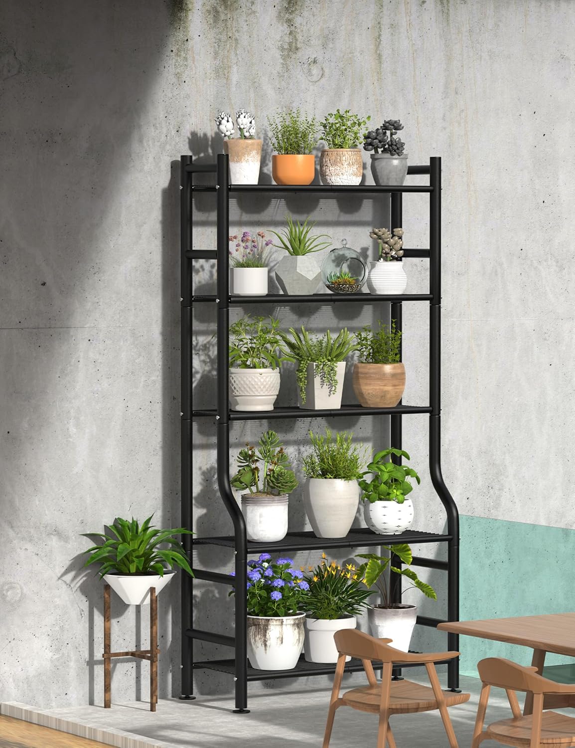 5-Tier Plant Stand Indoor Outdoor, 64" Tall Metal Ladder Shelf for Multiple Flower Pot Holder, Waterproof Corner Garden Rack for Balcony Living Room, Black