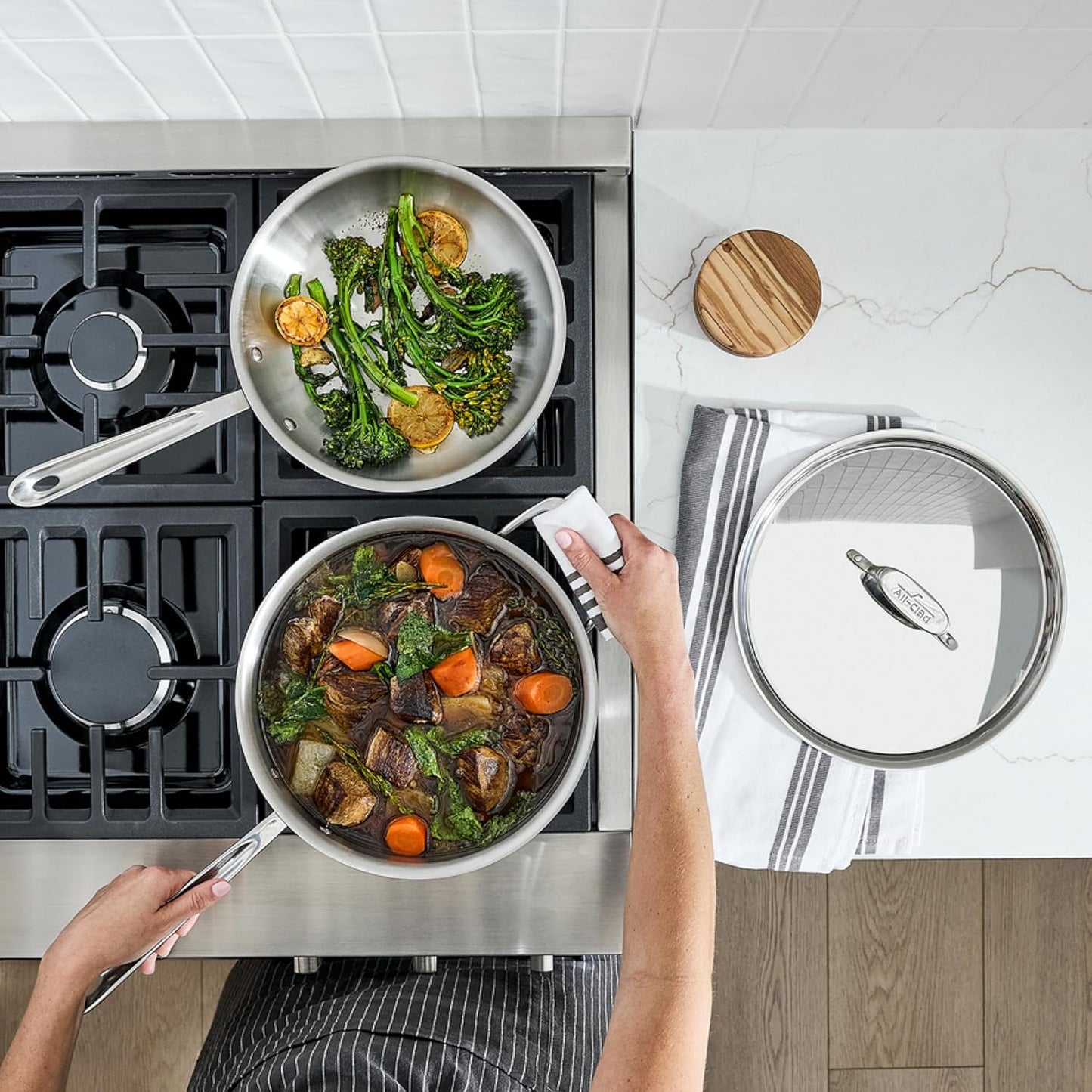 All-Clad D5® Stainless Steel Core 5 Piece Cookware Set- Made in USA- The Upgrade for Supremely Even Heat- Includes Frying Pans, Saucepan, Sautépan -Oven Safe & Induction Compatible