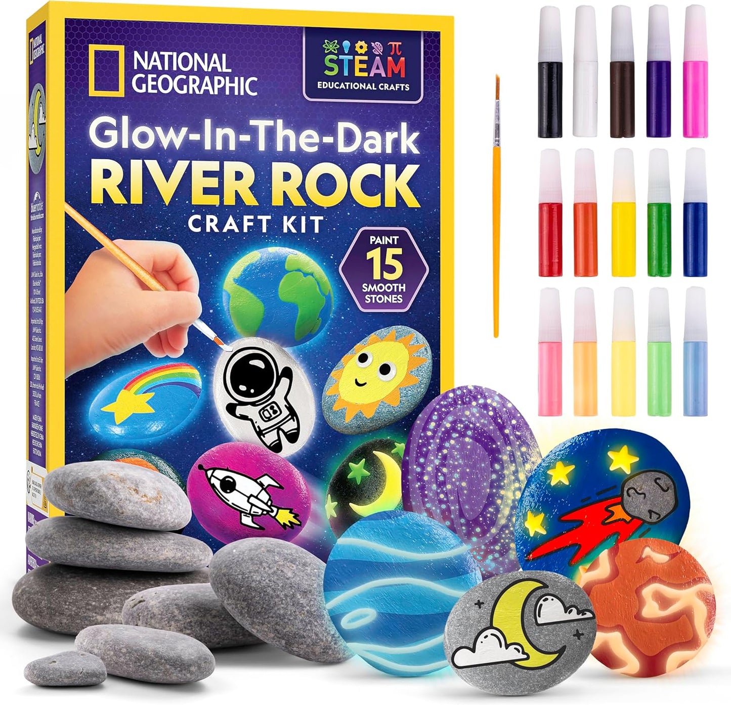 NATIONAL GEOGRAPHIC Glow in the Dark Rock Painting Kit - Arts & Crafts Kit for Kids, Decorate 15 River Rocks with 15 Paints & More Art Supplies, Outdoor Toys for Girls and Boys, Easter Basket Stuffers