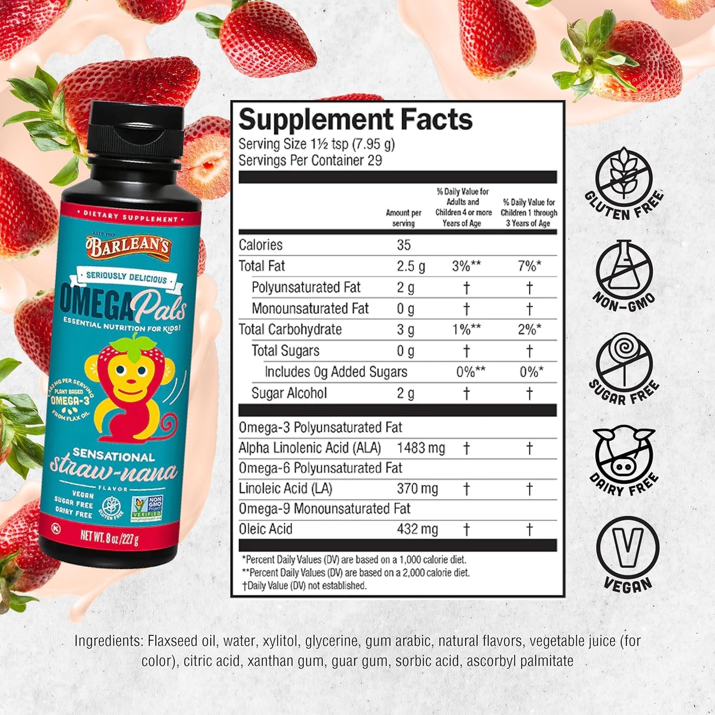 Barlean's Omega Pals Sensational Straw-Nana Flavored Omega-3 for Kids, Yummy Children's Liquid Fish Oil Supplement with 1,483 mg ALA, Non-GMO, Vegan for Brain and Eye Health, 8 oz, 2 Pack