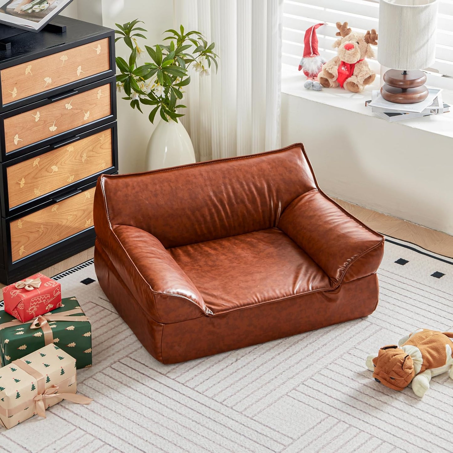 Leather Dog Couch Bed for Small and Medium Dogs Under 50 lbs, Brown Mid Century Modern Elevated Cat Sofa Bed Luxurious Indoor Furniture Style Pet Supplies for Puppy