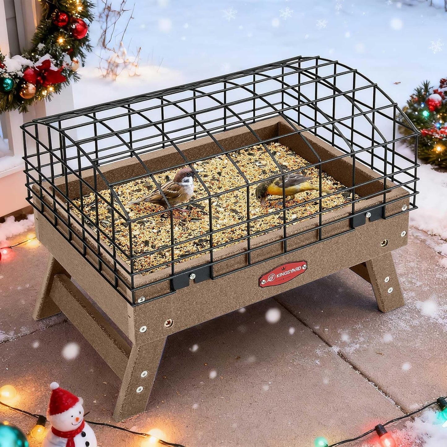 Kingsyard Squirrel Proof Ground Bird Feeder for Outdoors - Recycled Plastic Platform Feeding Station, Fly-Through Metal Caged Wild Bird Feeder for Small Birds, 5 LBS Large Capacity, Brown