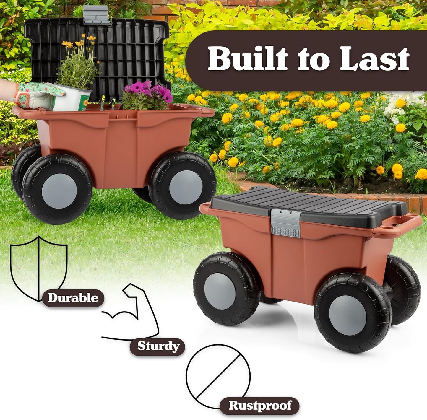 Pure Garden Rolling Garden Cart with Seat - Plastic Storage with Bench and Tool Tray - Gardening Stool for Weeding or Planting (Terracotta)