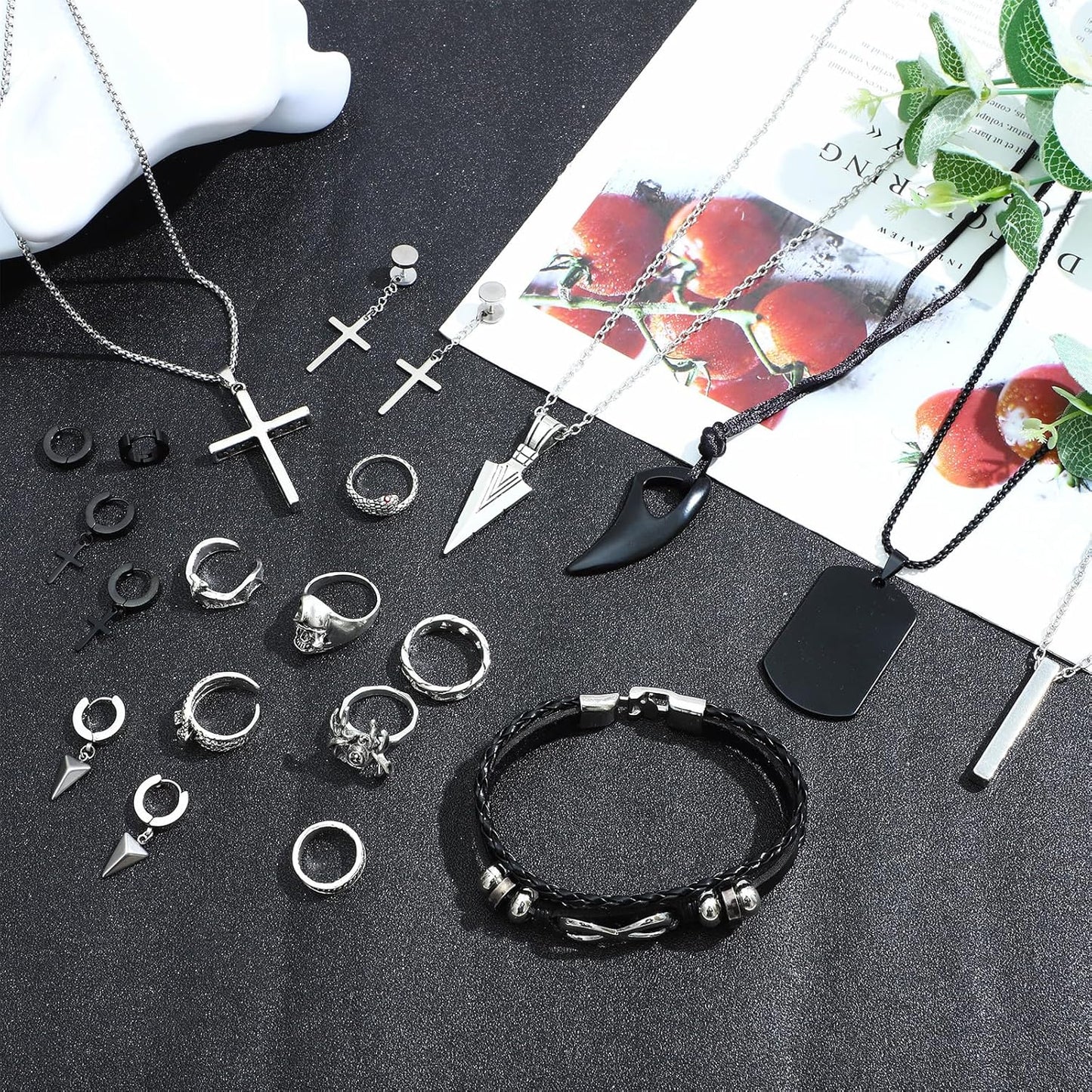 NEWITIN 31 Pieces Stainless Steel Jewelry Set for Men Black Silver Chain Necklace Bracelet Cross Pendant Necklaces Vintage Rings Dangle Cross Earrings Cuban Jewelry Set for Men Women