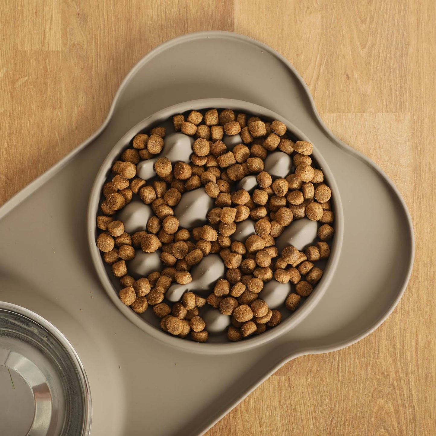 Gibson Home Curious Canines Slow Feeder Dog Bowl Set, 16” Bone Shaped Double Bowl, Silicone Base with Stainless Steel Insert, Anti-Gulp Feeding, Dishwasher Safe, Taupe