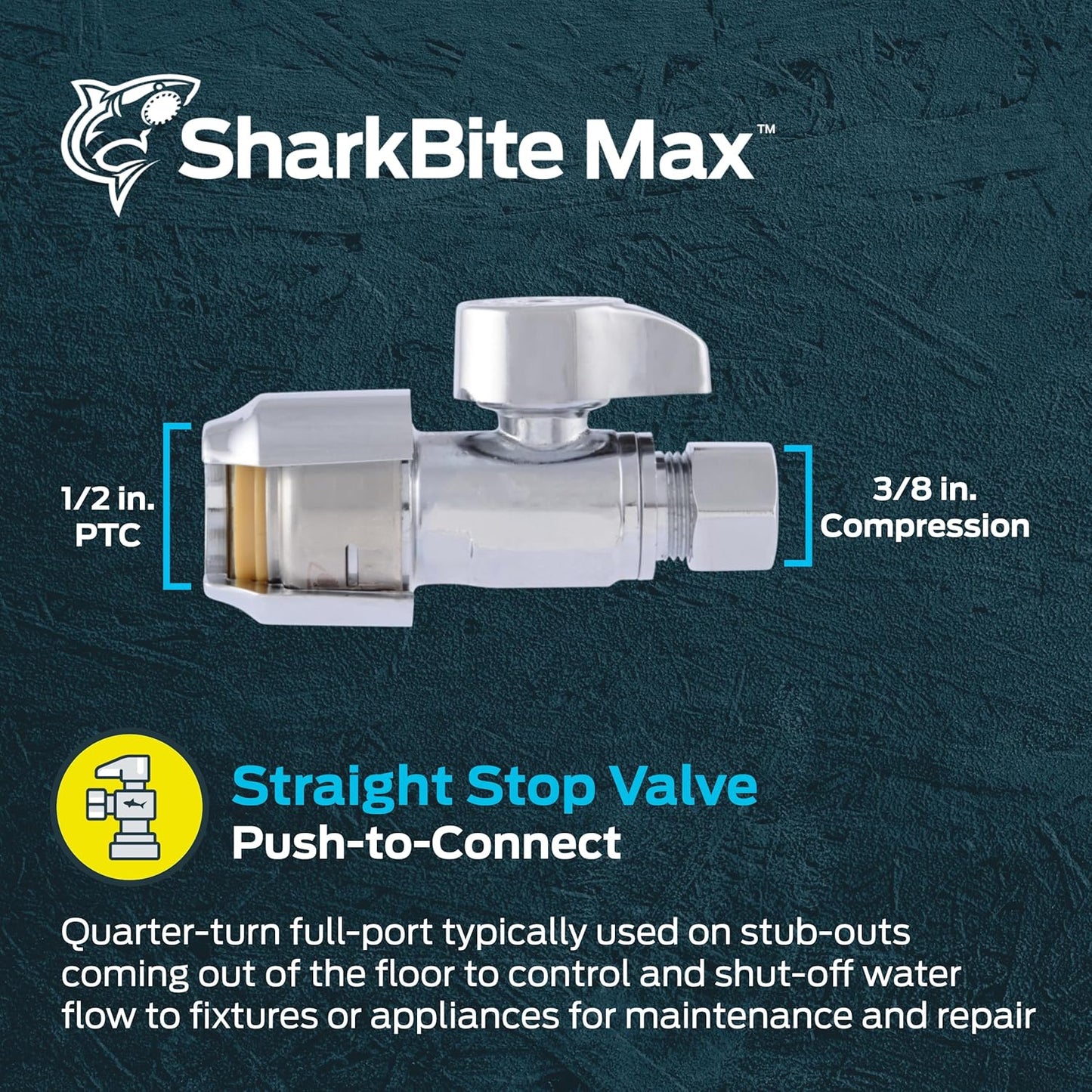 SharkBite Max 1/2 x 3/8 Inch Compression Straight Stop Valve, Quarter Turn, Push to Connect Brass Plumbing Fitting, PEX Pipe, Copper, CPVC, PE-RT, HDPE, UR23037