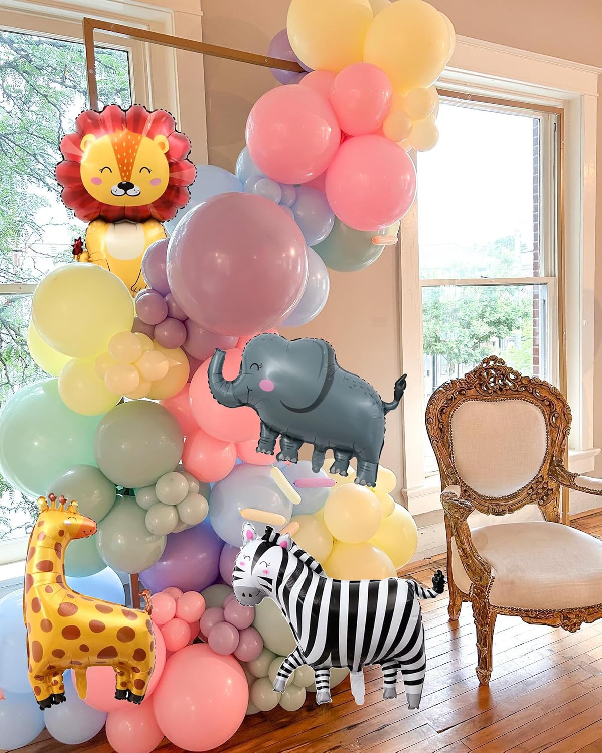 Cute Animal Balloon Garland Arch,152Pcs Colorful Balloons with Zebra Elephant Giraffe and Lion Foil Balloons for Baby Shower Kids' Woodland Animals Zoo Theme Birthday Party Supplies Decorations