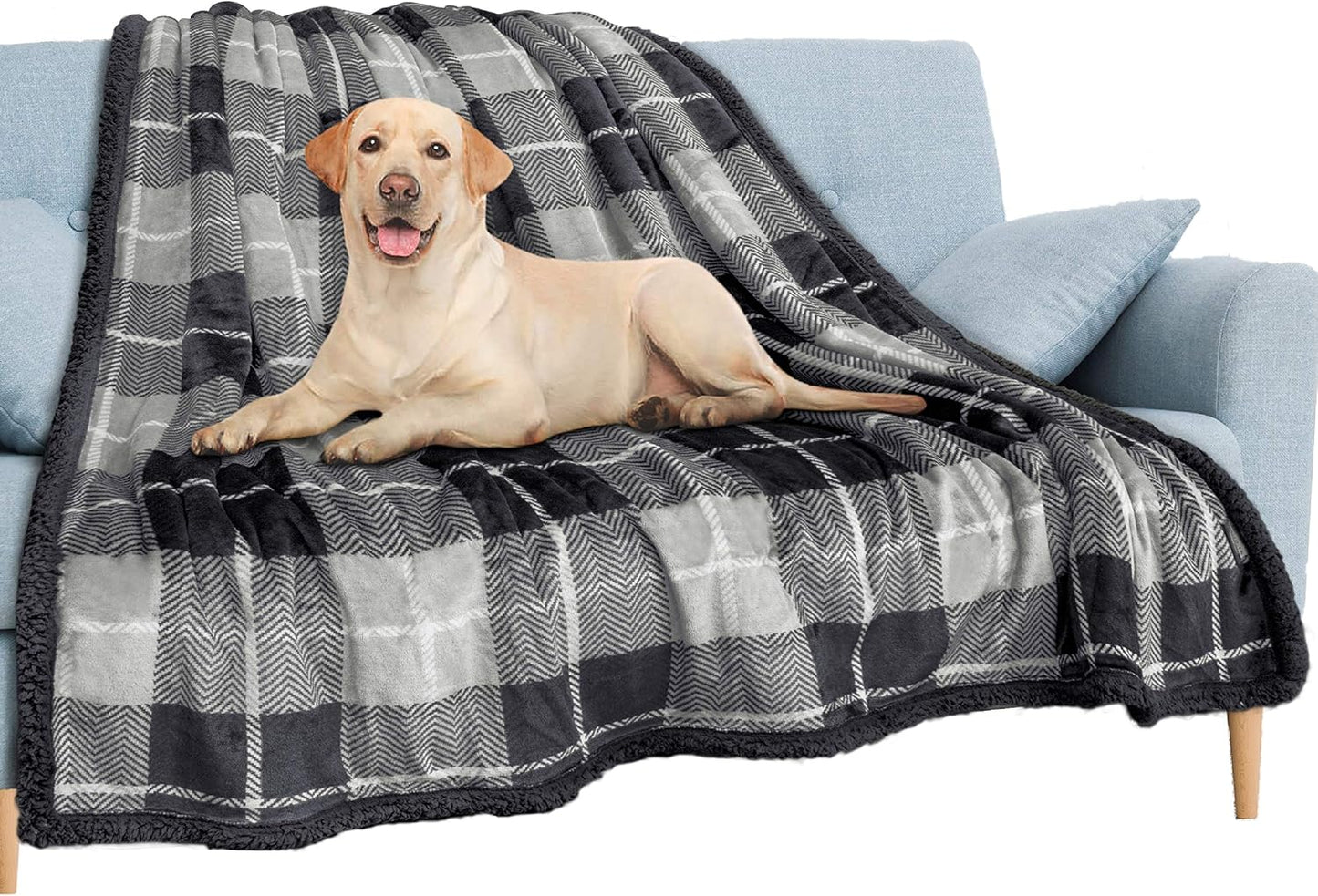 PAVILIA Waterproof Blanket for Couch, Sofa | Waterproof Dog Blanket for Large Dog, Puppy, Cat | Pet Blanket Protector | Plush Soft Warm Fuzzy Sherpa Blanket Bed Throw, Plaid Grey, 60x80