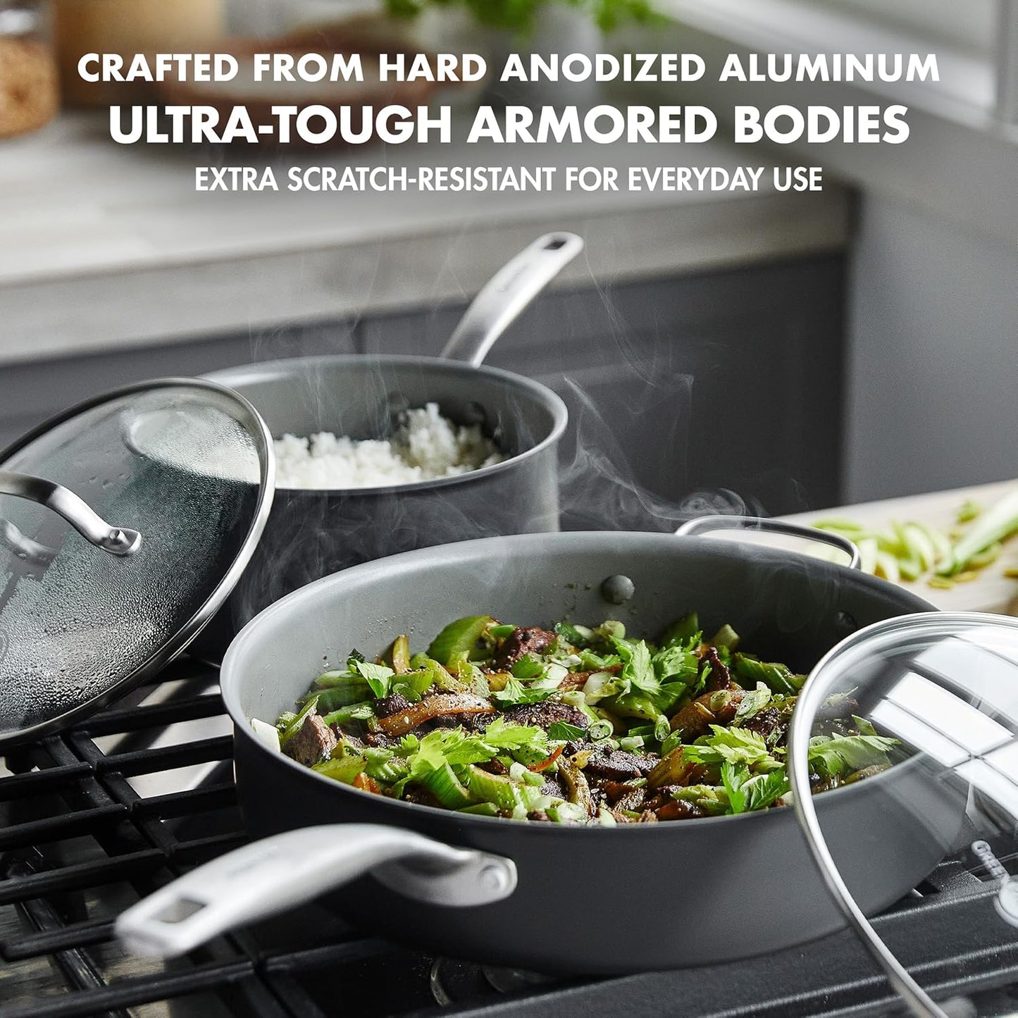 GreenPan Chatham Hard Anodized Healthy Ceramic Nonstick 10 Piece Cookware Pots and Pans Set, Frying Pan Skillets, Saucepans, Saute Pan, Stockpot, Lids, PFAS-Free, Dishwasher & Oven Safe, Gray