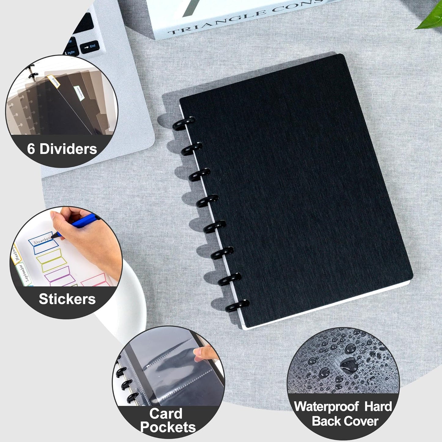 Yoment Discbound Notebook Customizable Spiral Journal Refillable 5 Subject Notebook with Removable Pages 120 Wide Ruled Disc Planner with 6 Binder Dividers & 16 Tabs for Work Meeting School, Black