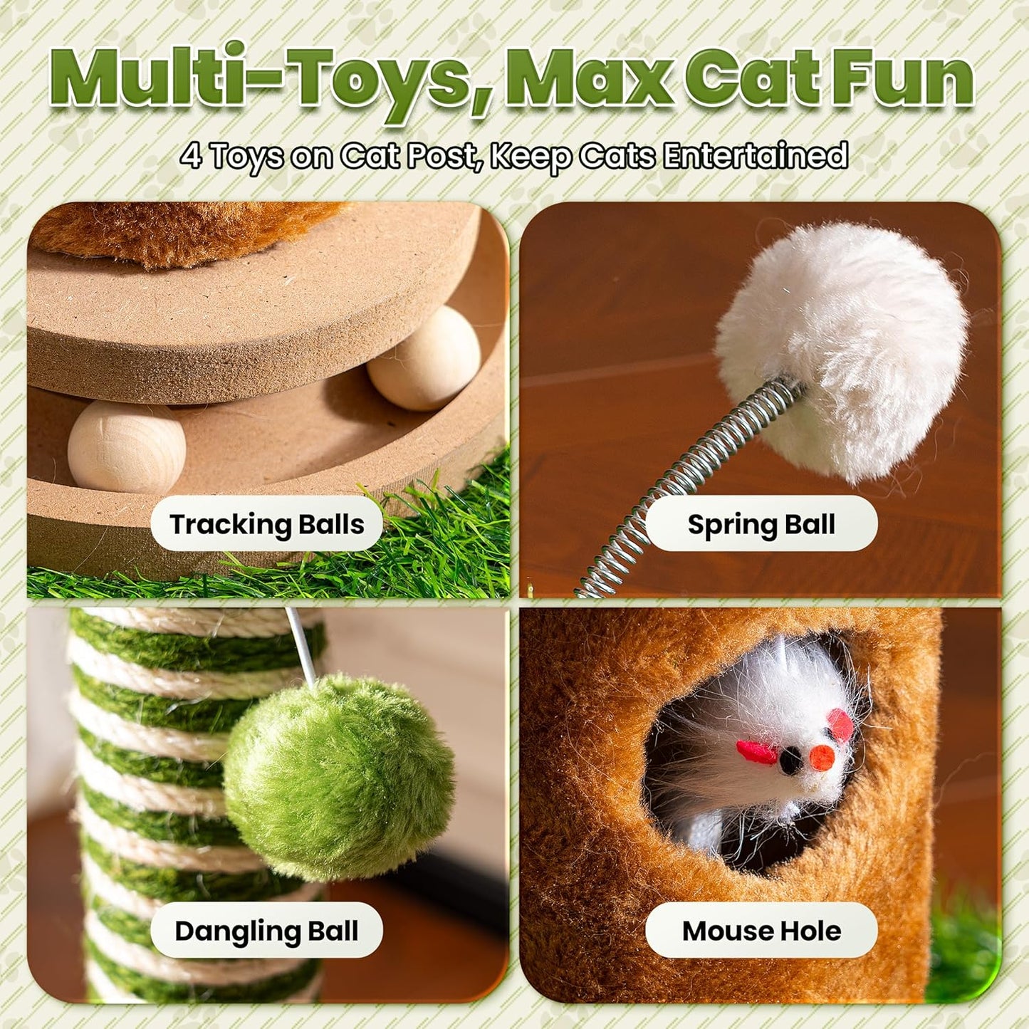 Cat Scratching Post 39'' Tall with Interactive Ball & Mouse Hole for Indoor Adult Cats, Sisal Rope Cat Tree Tower, Kitty Scratcher Furniture with Artificial Grass Tree for Kittens Cat Toys