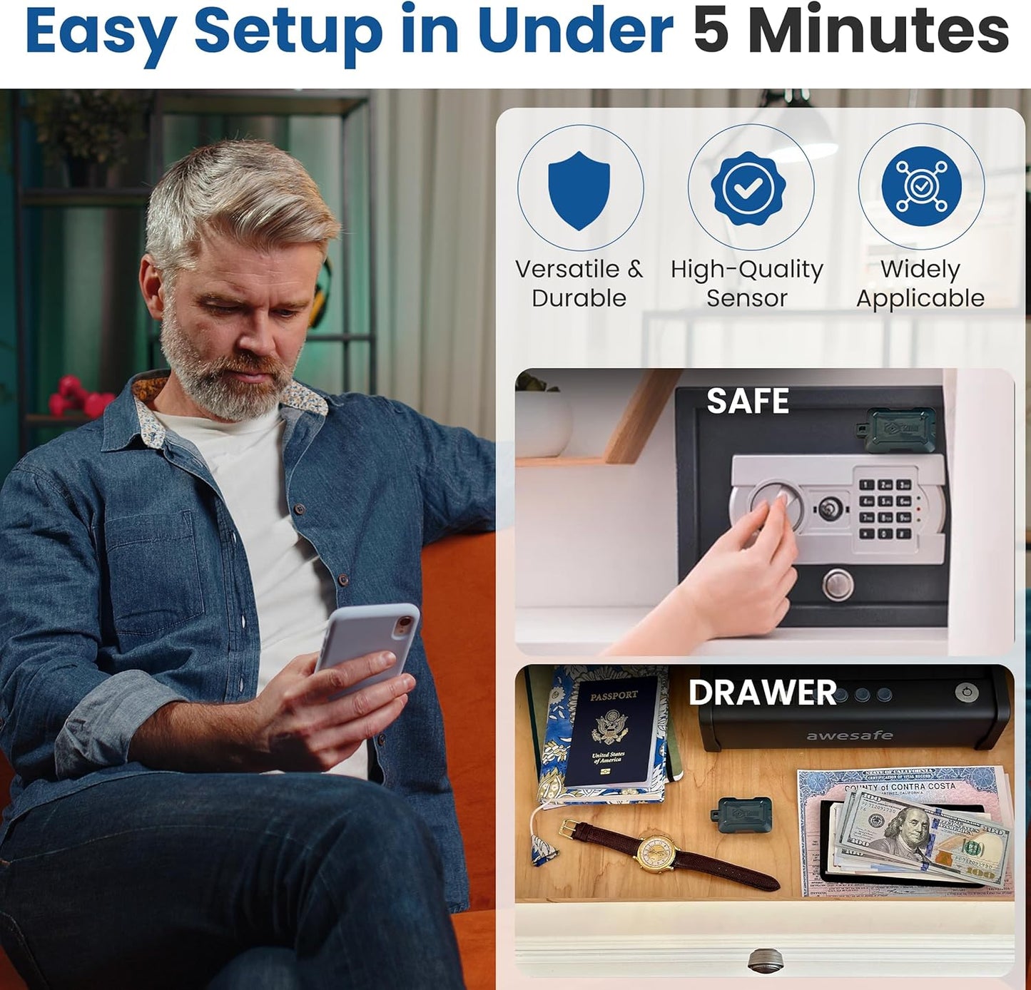 Instant Kini Safe Alert Wi-Fi Motion Sensor Alarm - Real-time SMS, Email, IFTTT - Great for Gun Safes, Cabinets, Office - Easy Install, No Subscription, Long Lasting Rechargeable Battery, USA-Made