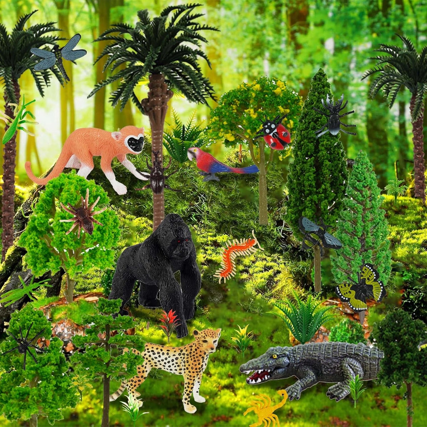 45 PCS Rainforest Animals Insect Figures Mixed Plastic Model Trees Forest for Rainforest Cake Topper Birthday Party Supplies Decorations