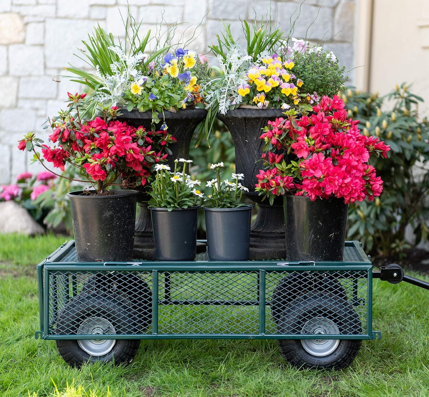 70107 Garden Cart/Utility Cart, Hinged/Removeable Sidewalls, Four 10-inch Wheels, Loop Handle with Convertible Hitch Attachment, Steel Powder-Coated Mesh Frame, 700-pound Capacity, Green
