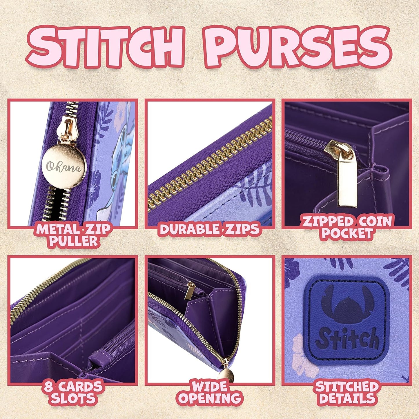 Disney Stitch Wallet Women Teenagers Girls Zip Around Card Cash Coin Purse Cute Clutch Wallet for Travel Work Gifts for Her (Purple Stitch)