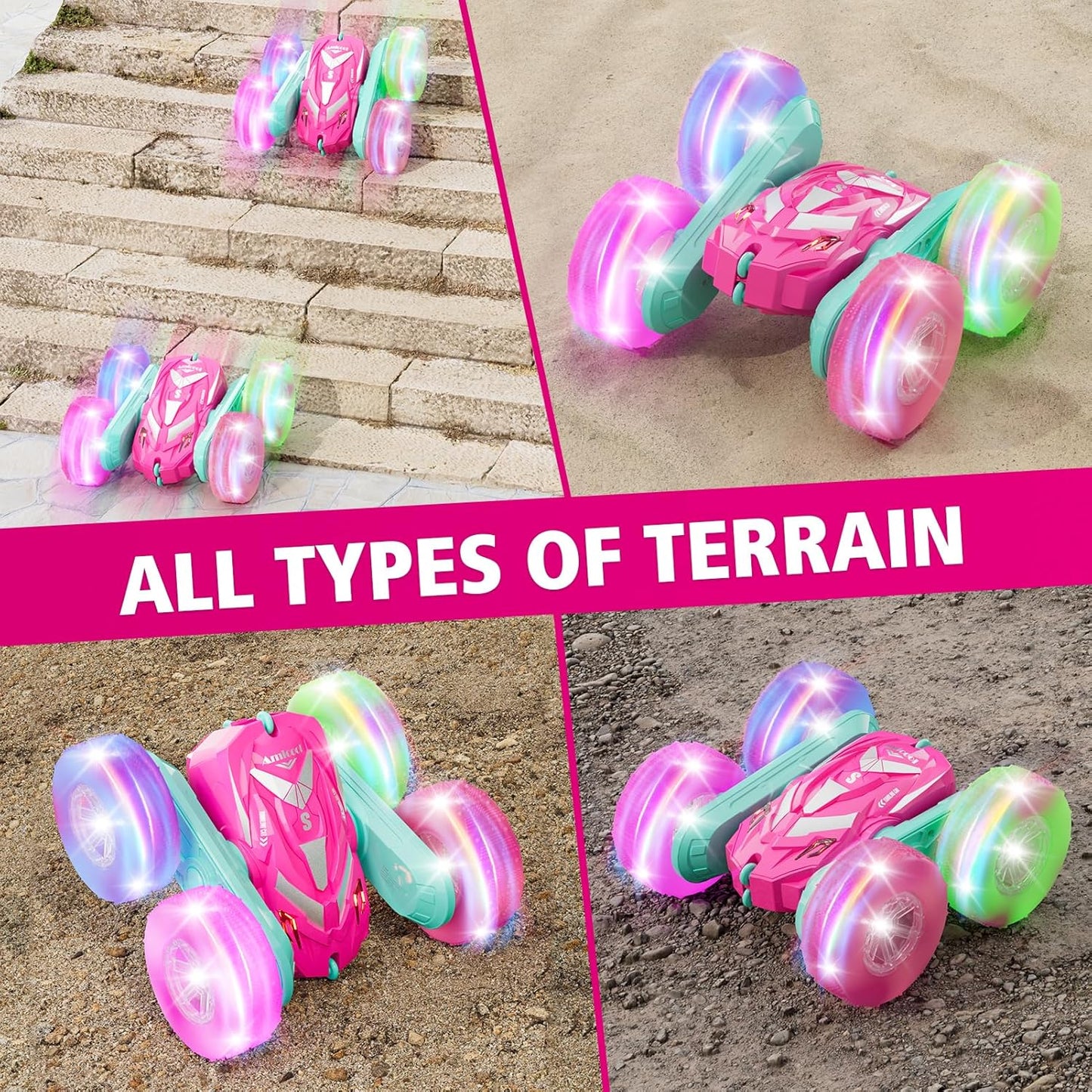 Remote Control Car for Girls 6-12 with Flashing Light, Toys 6 7 8 9 Years Old Girl Birthday Gifts Idea, RC Cars Stunt 4WD 2.4Ghz Double Sided 360° Flip, Present for Kids, Christmas, Pink