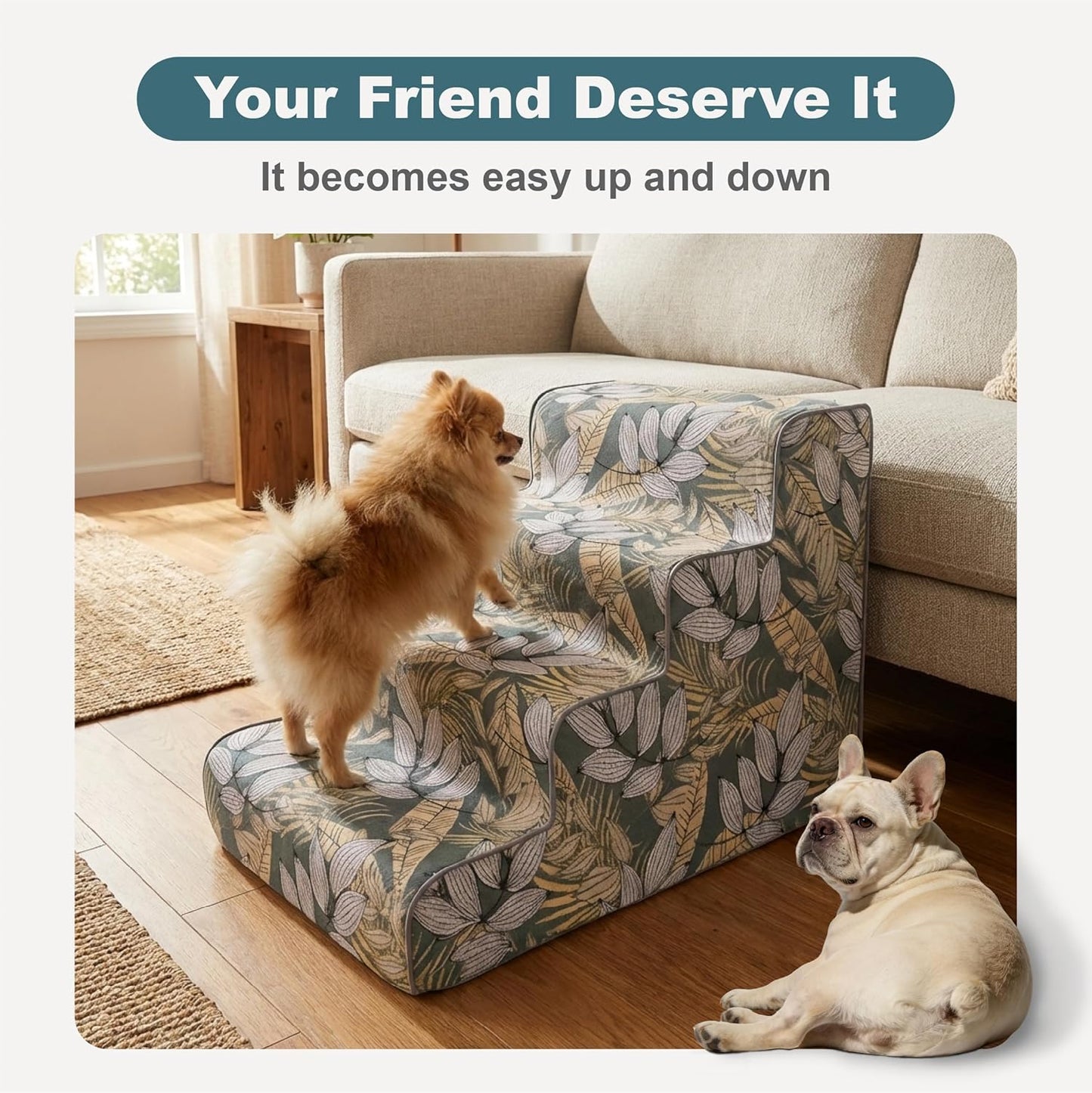 Dog Stairs for Small Dogs 18" H, 4-Step Dog Steps for High Bed with Non-Slip Bottom, Floral Indoor Pet Stairs, Pet Steps for Couch & Chair, Blue Yellow