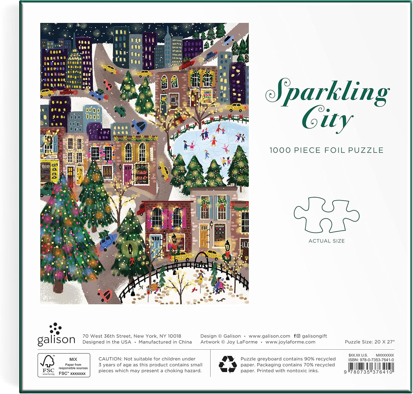 Galison Sparkling City – 1000 Piece Foil Puzzle with Illustrations of Colorful Merriments in The City with Gold Foil Accents