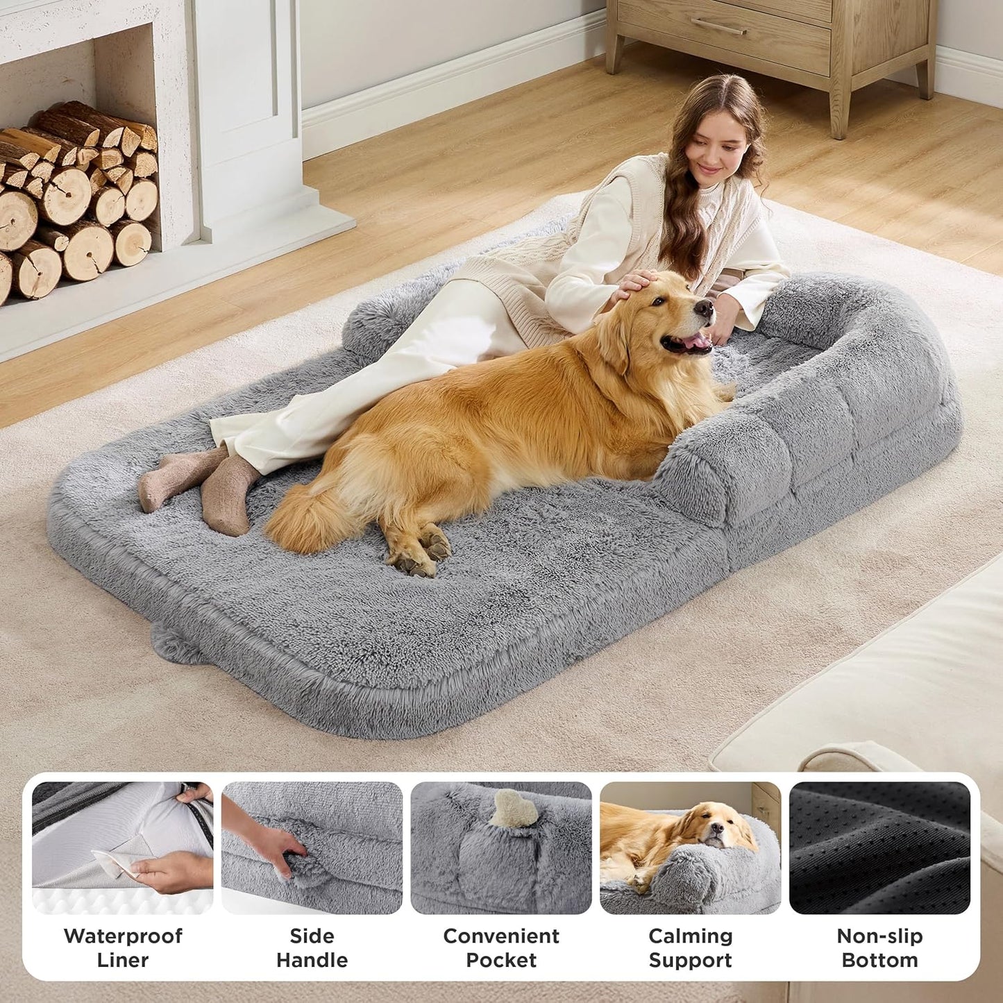 Bedsure Foldable Human Dog Bed -Giant Dog Bed for Adult People with Supportive Bolster Egg Foam, Waterproof Liner, Calming Fluffy Faux Fur Orthopedic Big Bean Bed, Light Grey