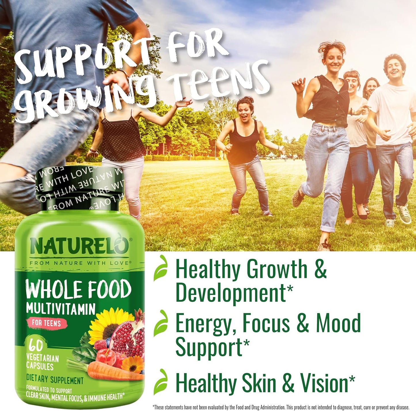NATURELO Multivitamins for Teenage Girls/Boys, 60 Capsules, Whole Food Multivitamin with Minerals, Non-GMO, Vegetarian