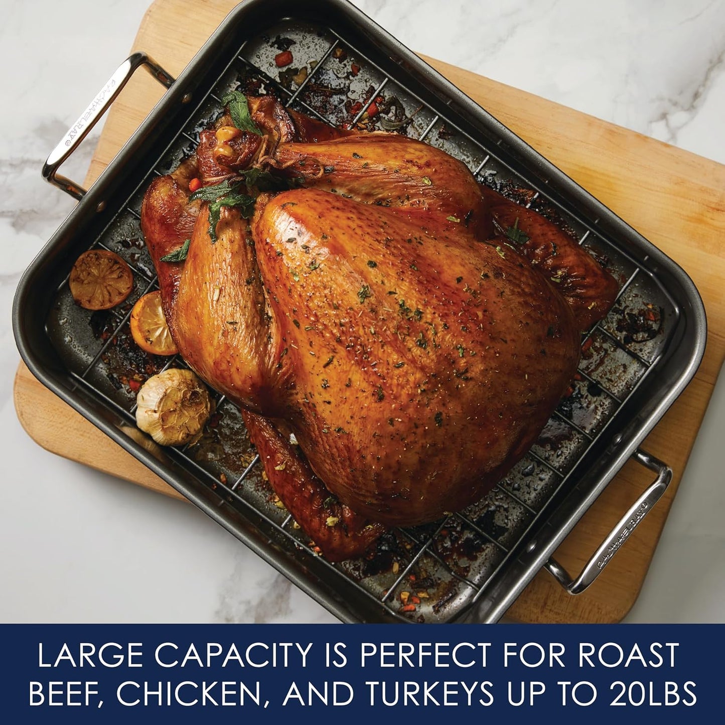 Rachael Ray Bakeware Nonstick Roaster/Roasting Pan with Reversible Rack, 16.5 Inch x 13.5 Inch, Gray