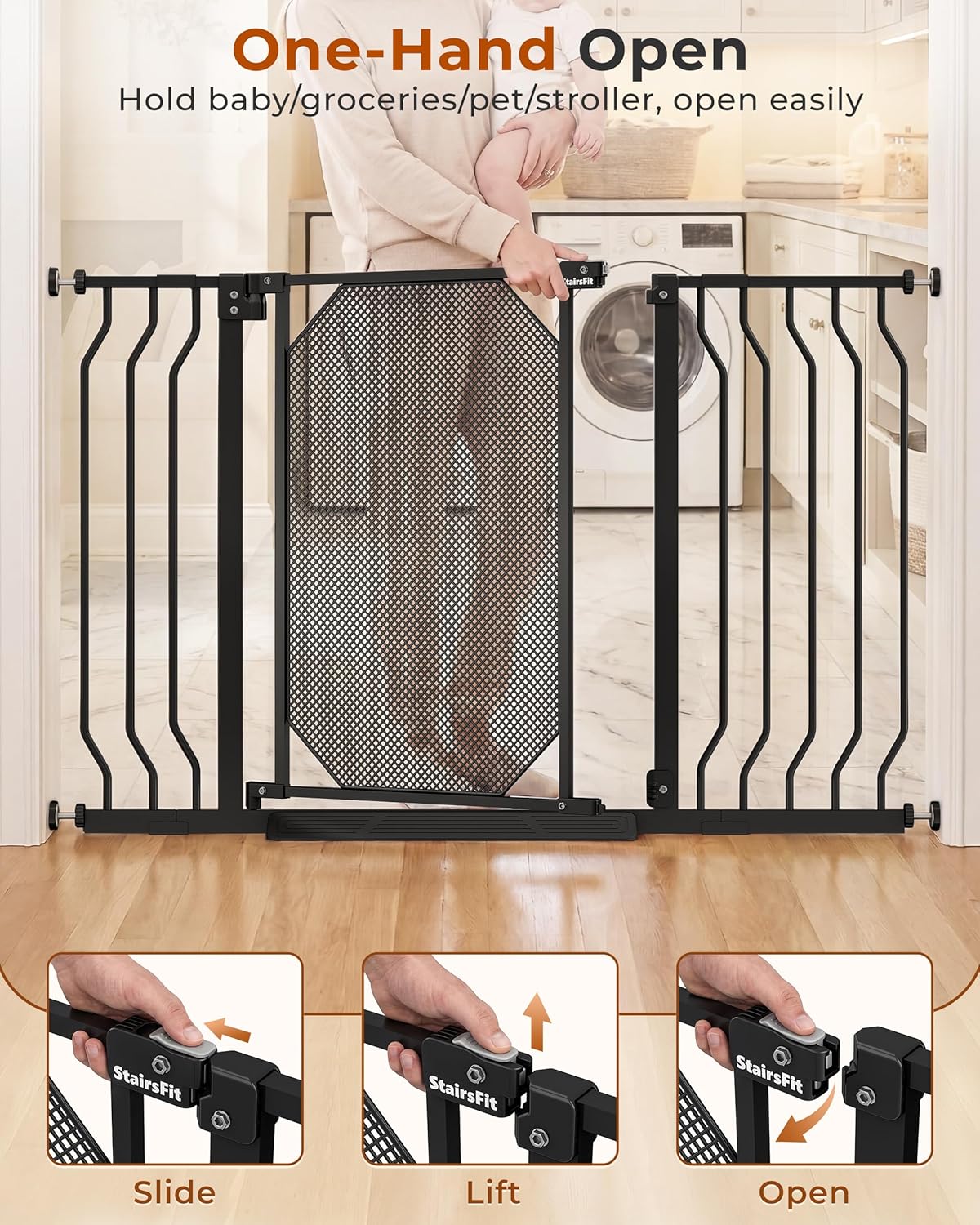 29.5-48" Baby Gate for Stairs, Pressure Mount No Drill, Lift to Unlock Child Proof, One-Hand Auto Close Walk Through Pet Dog Gate for Doorways, Fits 4 Different Width Ranges, Black