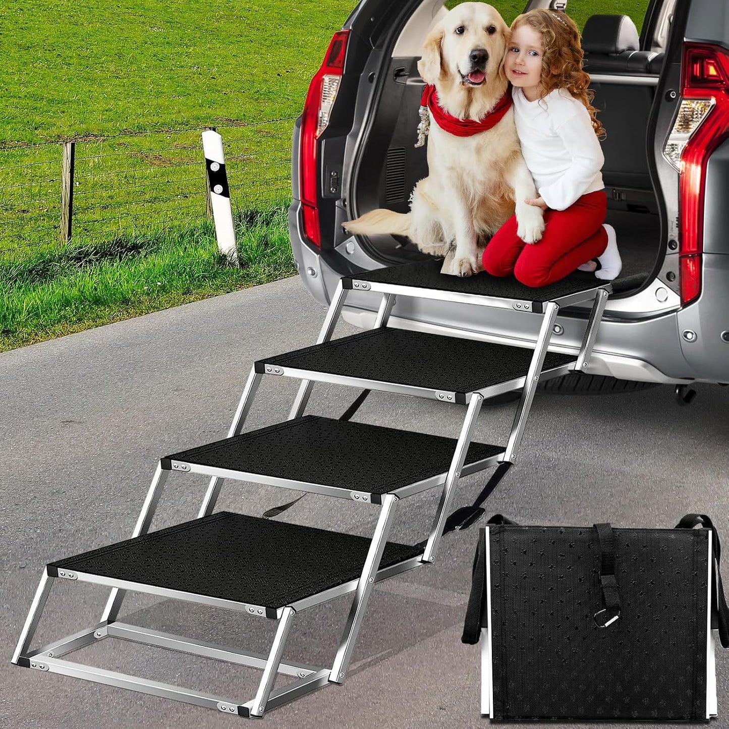Joyrally Extra Wide Dog Stairs for Large Dogs,Dog Stairs for Cars,Foldable Dog Ramp Pet Steps Light Weight Aluminum,High Beds, Trucks, Supports up to 200 lbs (Extra Wide-4 Steps)