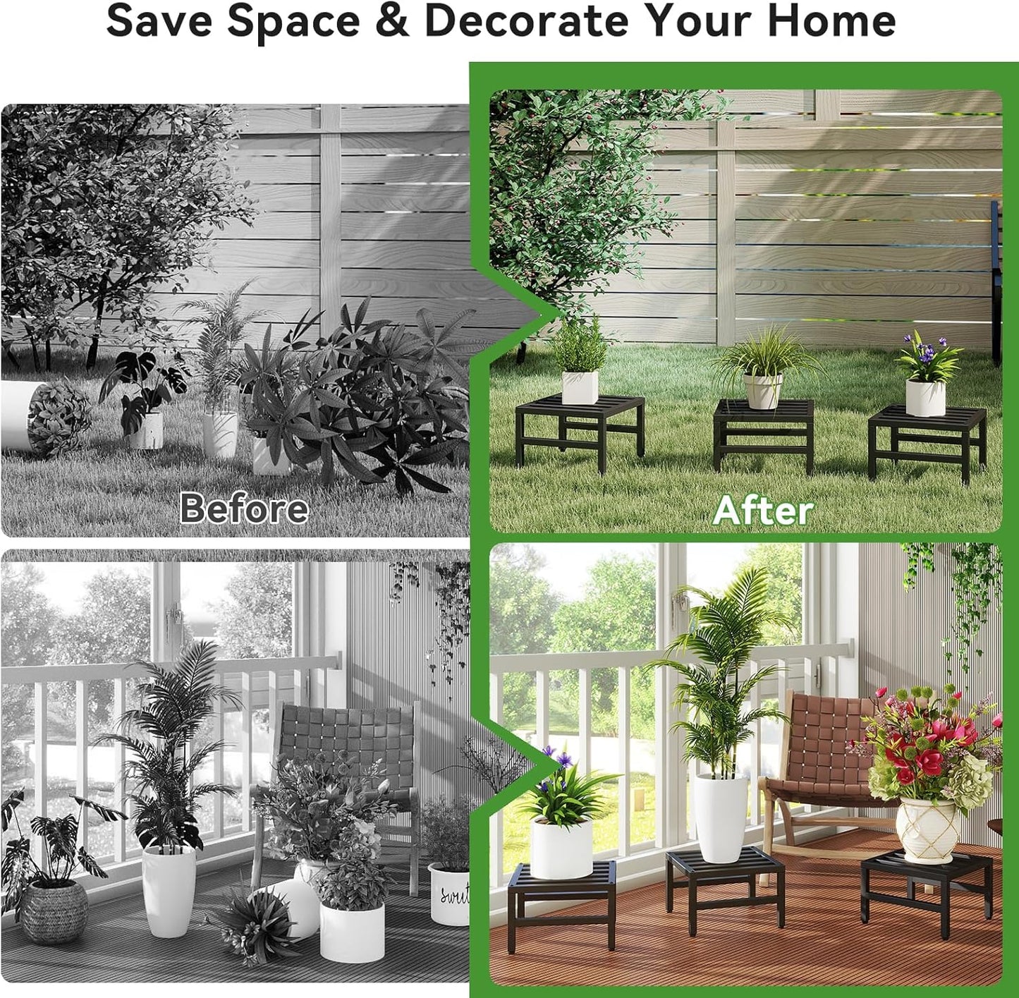 IBUYKE 3 Pack Metal Plant Stand Indoor Outdoor, Heavy Duty Small Flower Pot Stand, Modern Square Plant Shelf Flower Stand for Living Room Patio Balcony Garden, Black TMJ075B-3