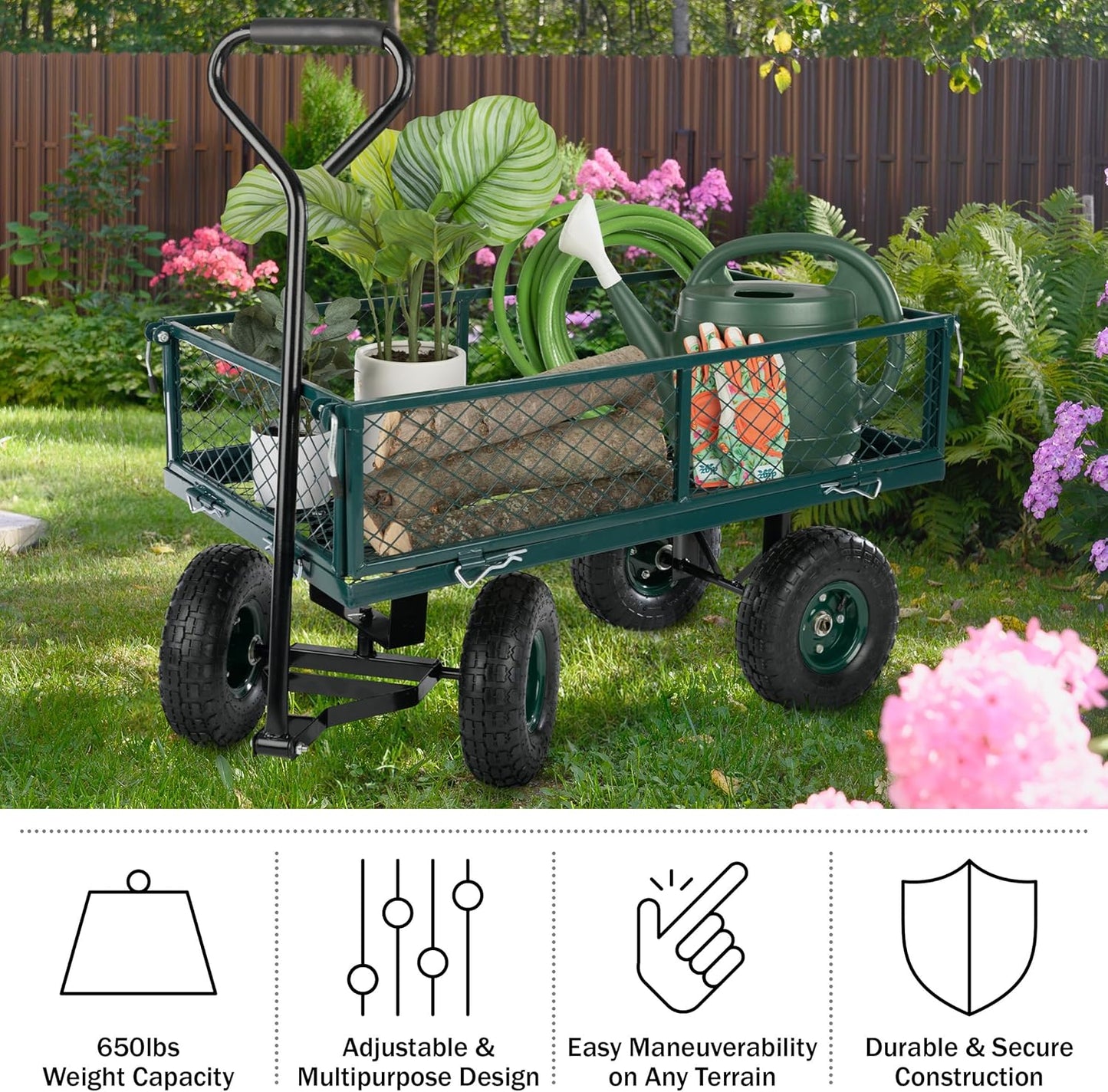 Garden Cart - Rolling Wagon Cart with 650lb Weight Capacity, All-Terrain Wheels, and Removable Sides - Garden Carts and Wagons by Pure Garden (Green)
