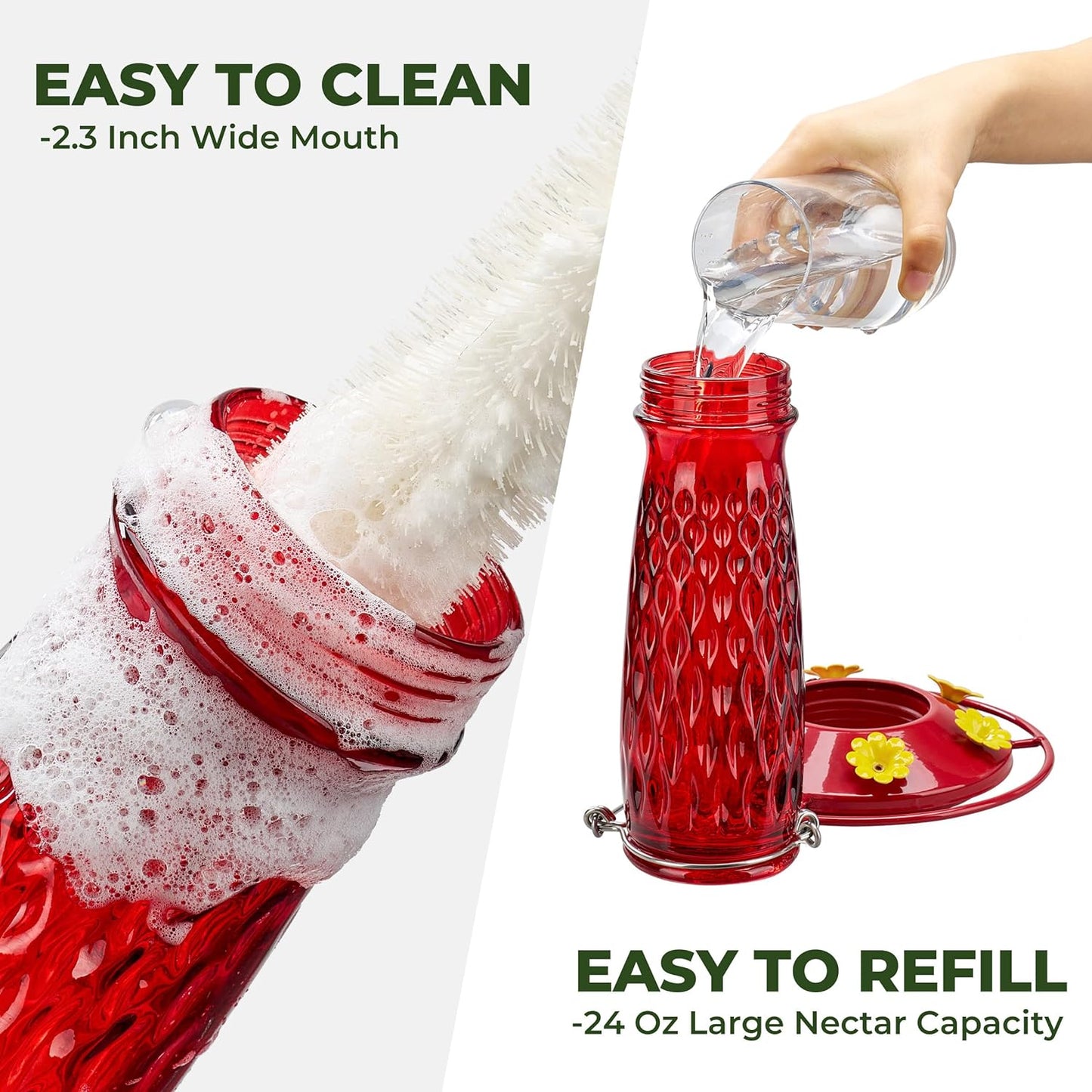 Kingsyard Hummingbird Feeders for Outdoors Hanging, 24 Ounce, Glass Hummingbird Feeder with Ant Moat & 6 Bee Guard Feeding Ports, Leak-Proof, Red