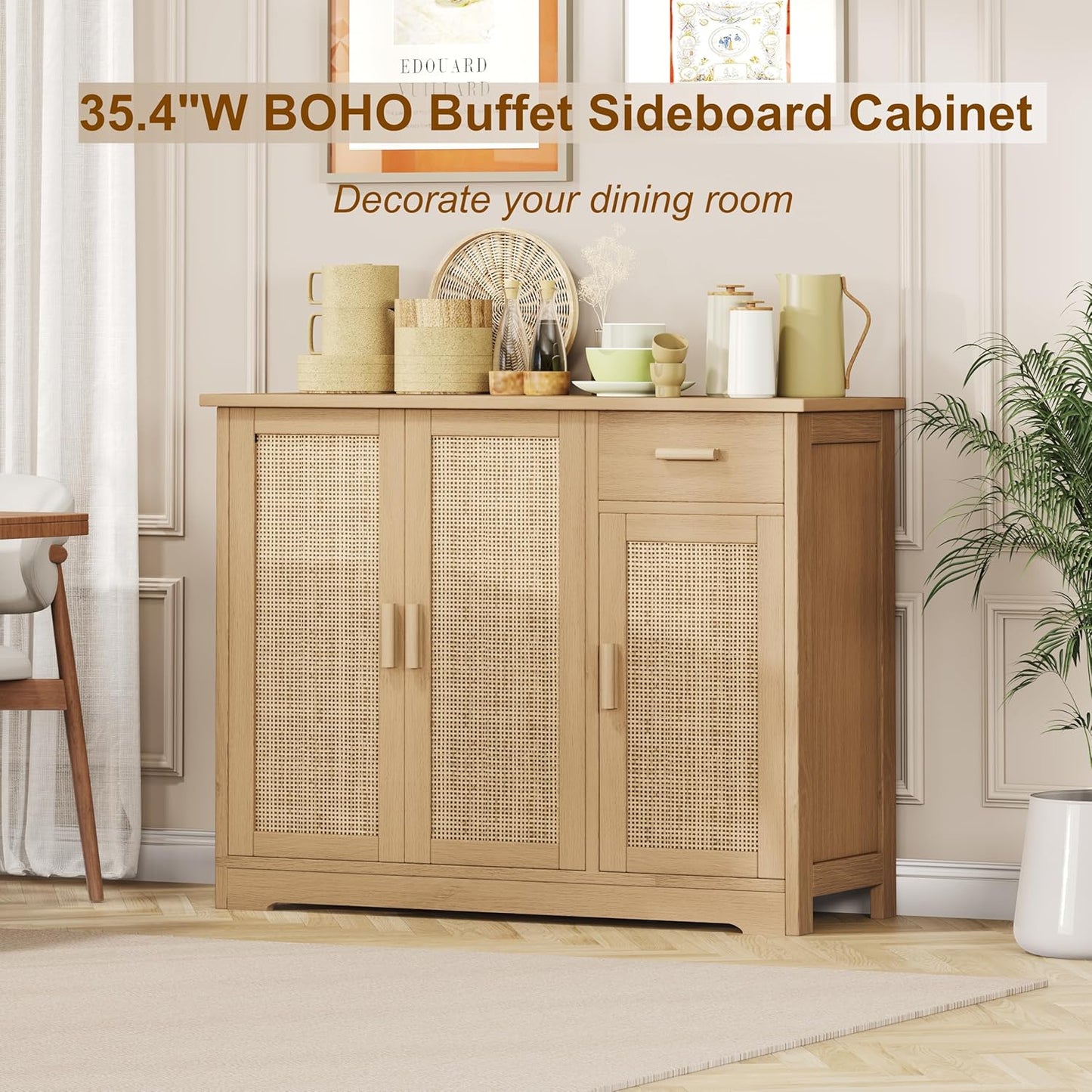 Buffet Cabinet with Storage, Rattan Storage Cabinet with 3 Doors & Drawer, Accent Kitchen Sideboard with Adjustable Shelves, Coffee Bar Cabinet for Living Room, Entryway, Natural Oak