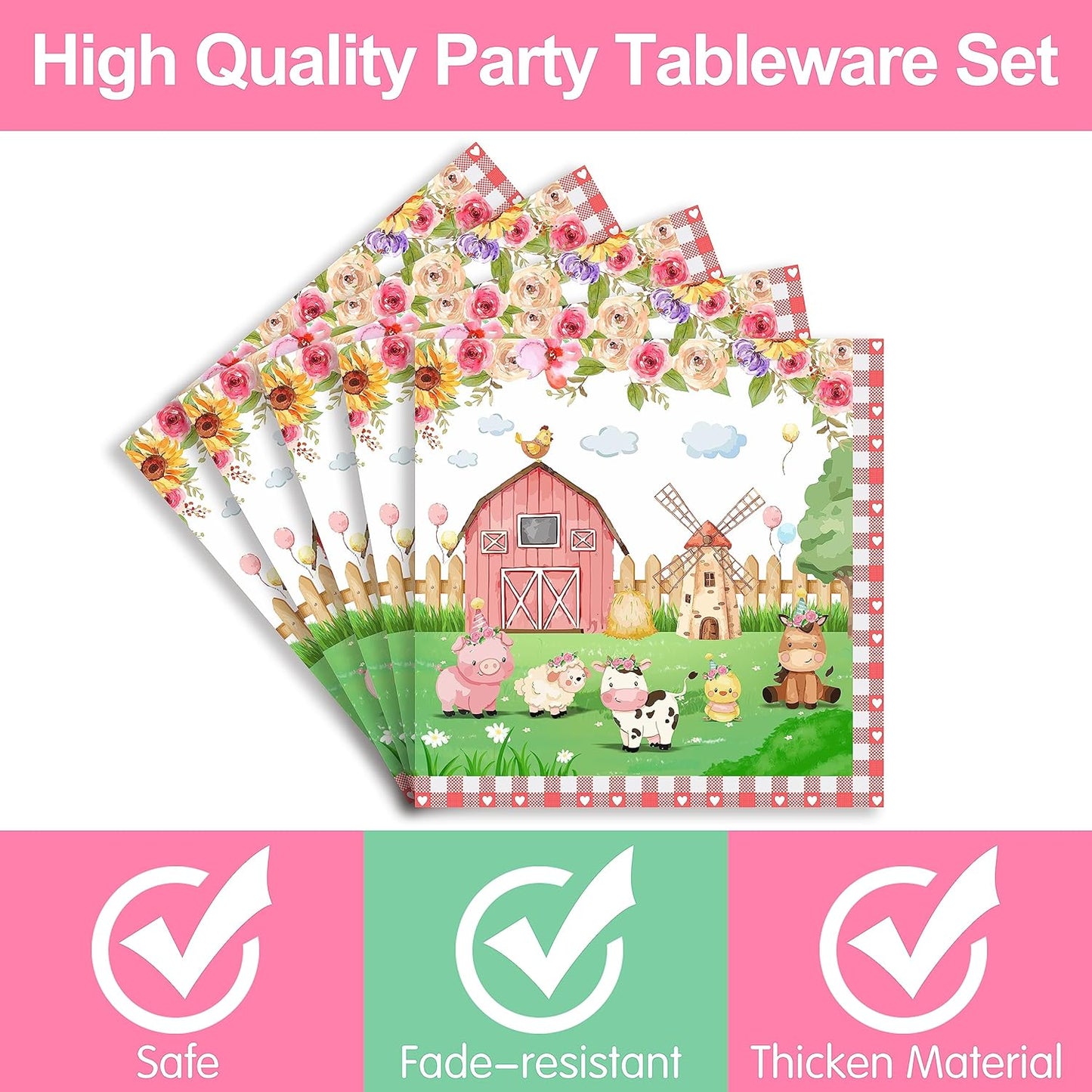 168pcs Pink Farm Animal Birthday Party Supplies for Girl - Baby Shower Decor Include Plates, Cups, Napkins | Serves 24 Barnyard Theme
