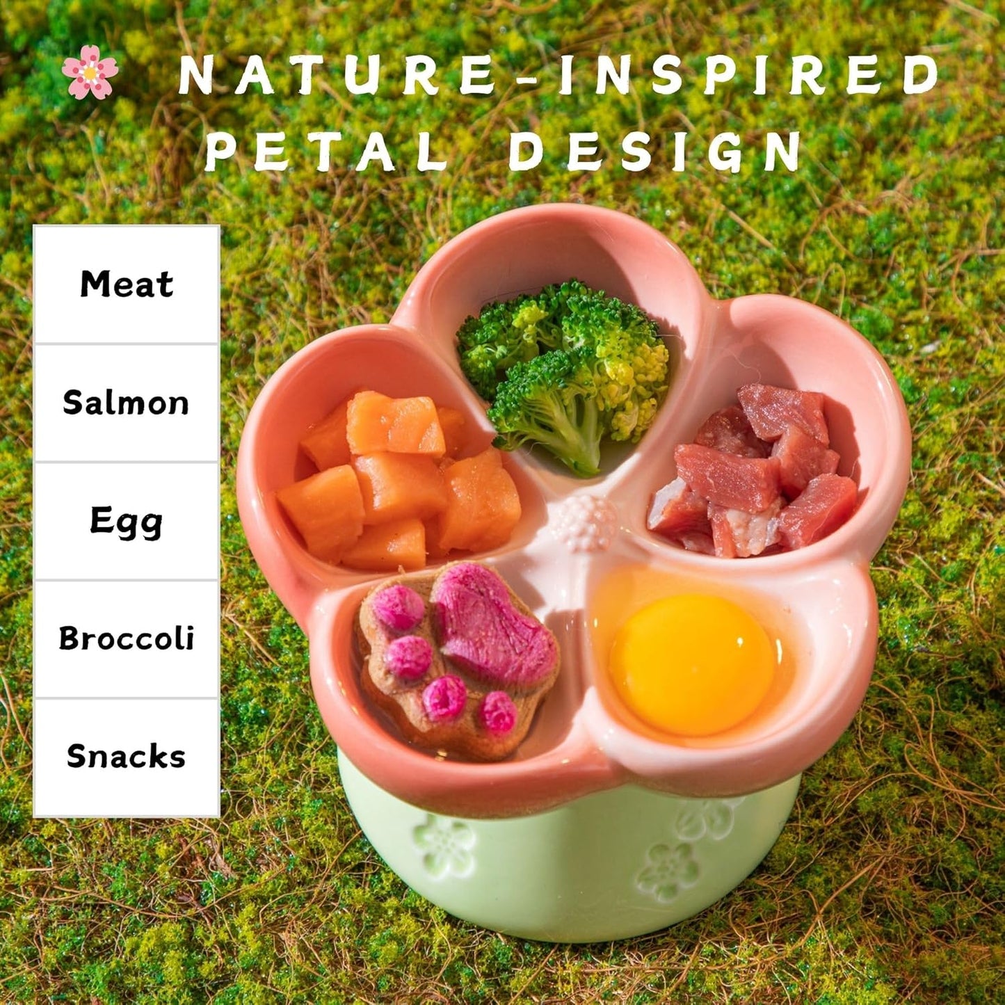 Ceramic Cat Divided Bowl Flower Shaped (5 Sections) - 4 Inch Elevated Design Cute Slow Feeder Bowl, Heavy Base, Under-Glazed Gradient Color - Separates Dry/Wet Food, Veggies, Fruits & Treats