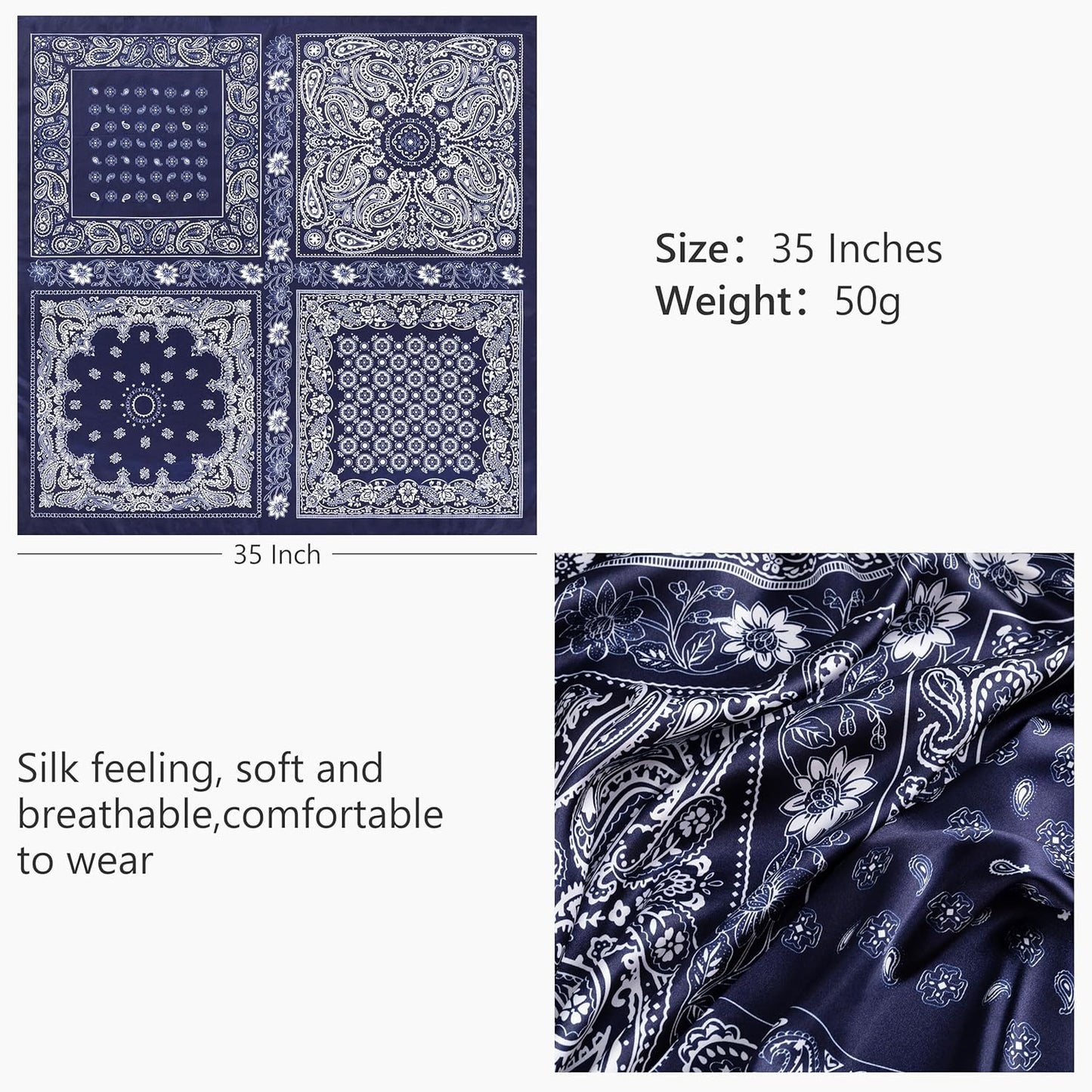HBselect 4PCS Head Scarf for Women 35” Head Scarves Silk Like Satin Neck Scarfs Square Bandana Hair Wraps Scarf for Sleeping
