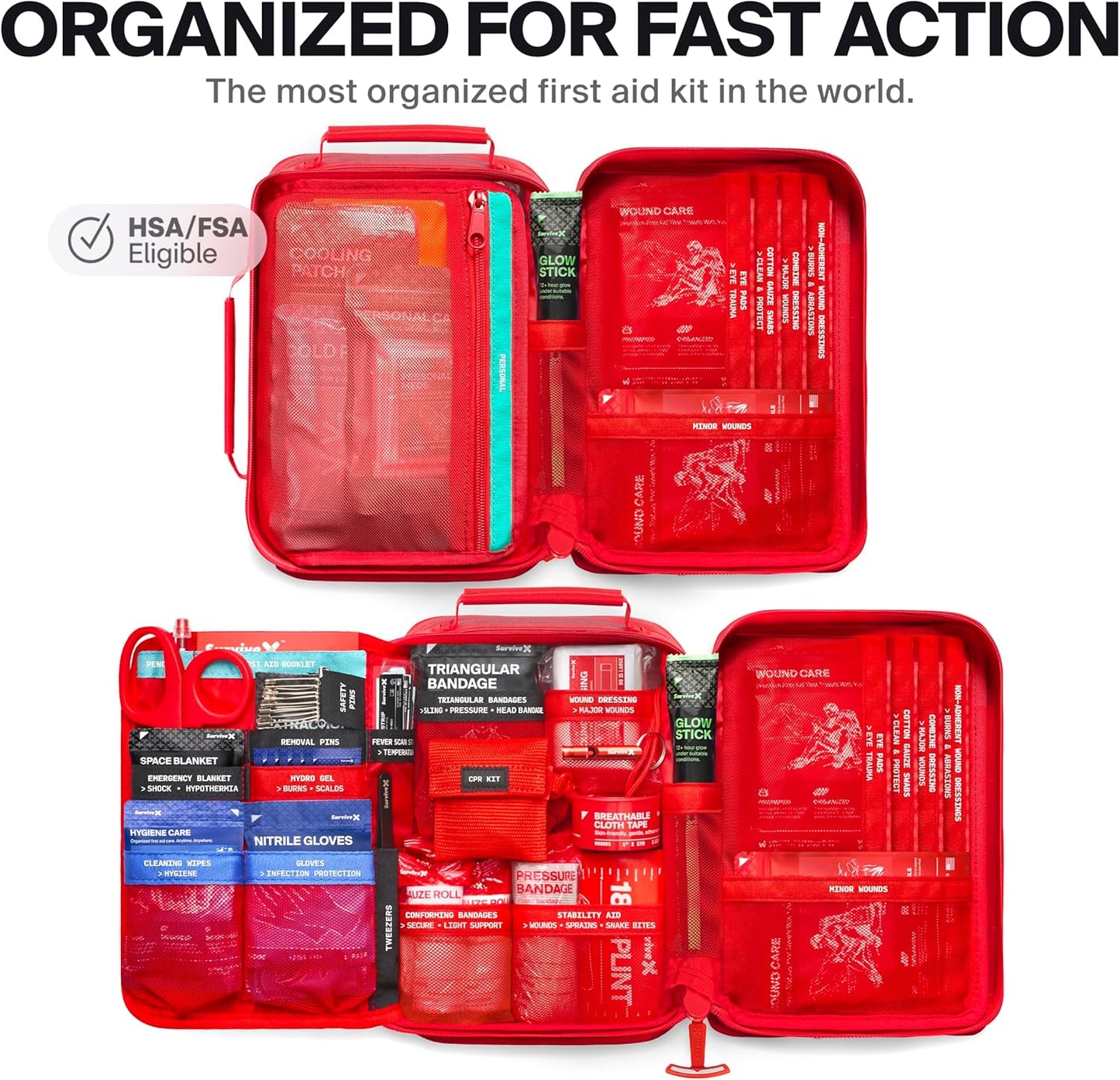 Large Waterproof First Aid Kit for Car, Travel & Home - Emergency Kit for Hiking, Camping, Backpacking and Outdoors - Includes Zip Stitch Wound Closure Strips