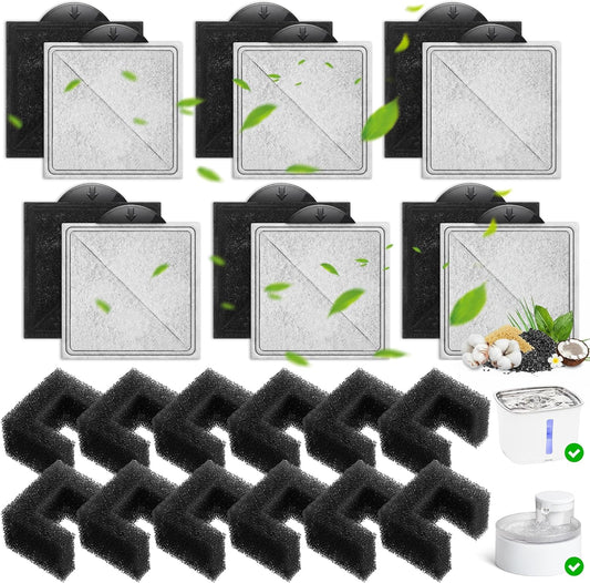 Enhon 24 Pack Cat Water Fountain Filter Replacement Kit, 12 Foam Filters & 12 Carbon Filters Compatible with PetSafe Viva 64/140oz, Outlast Pumpless, Ion-X & Premier Pet Fountains, Dual Filtration